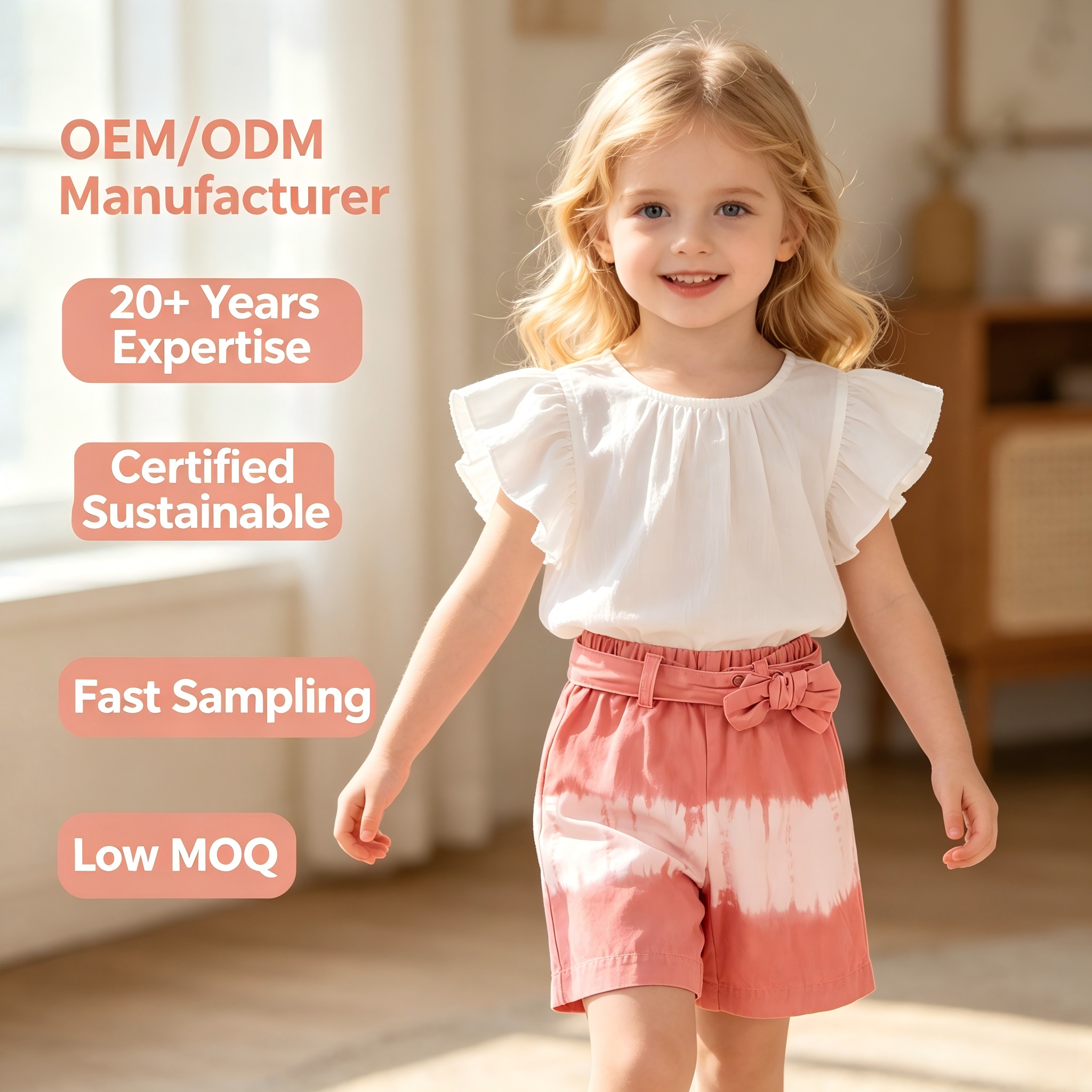 OEM/ODM 100% Cotton Girls Wide Leg Shorts with Bow Belt Natural Plant Botanical Dyed Tie Dye Kids Summer Elastic Waist Culottes Custom Wholesale Private Label