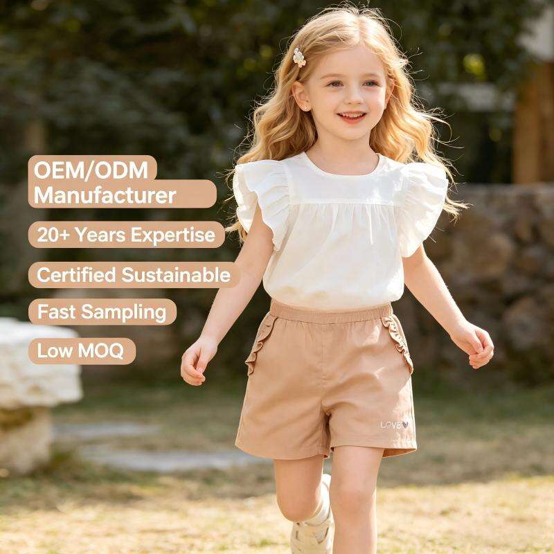 Custom 100% Rayon Girls Summer Shorts with Ruffle Pockets | OEM ODM Soft Breathable Children's Boutique Clothing Manufacturer | Khaki Kids Casual Beach Shorts Factory Supplier
