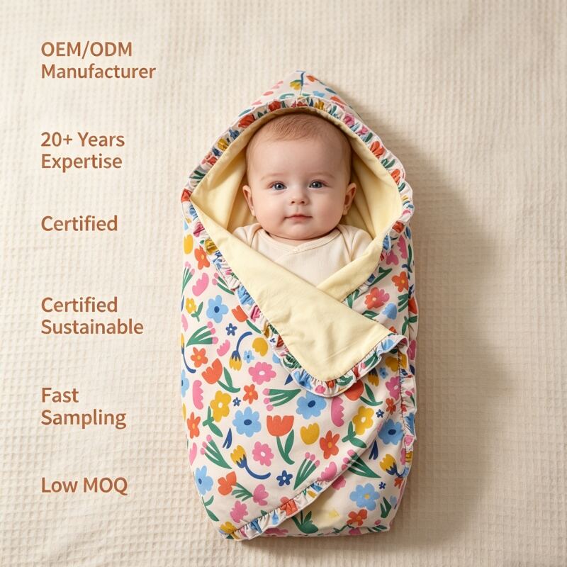 Custom Printed Baby Swaddle Blanket Manufacturer | OEM ODM Floral Infant Receiving Blanket with Ruffle Edge