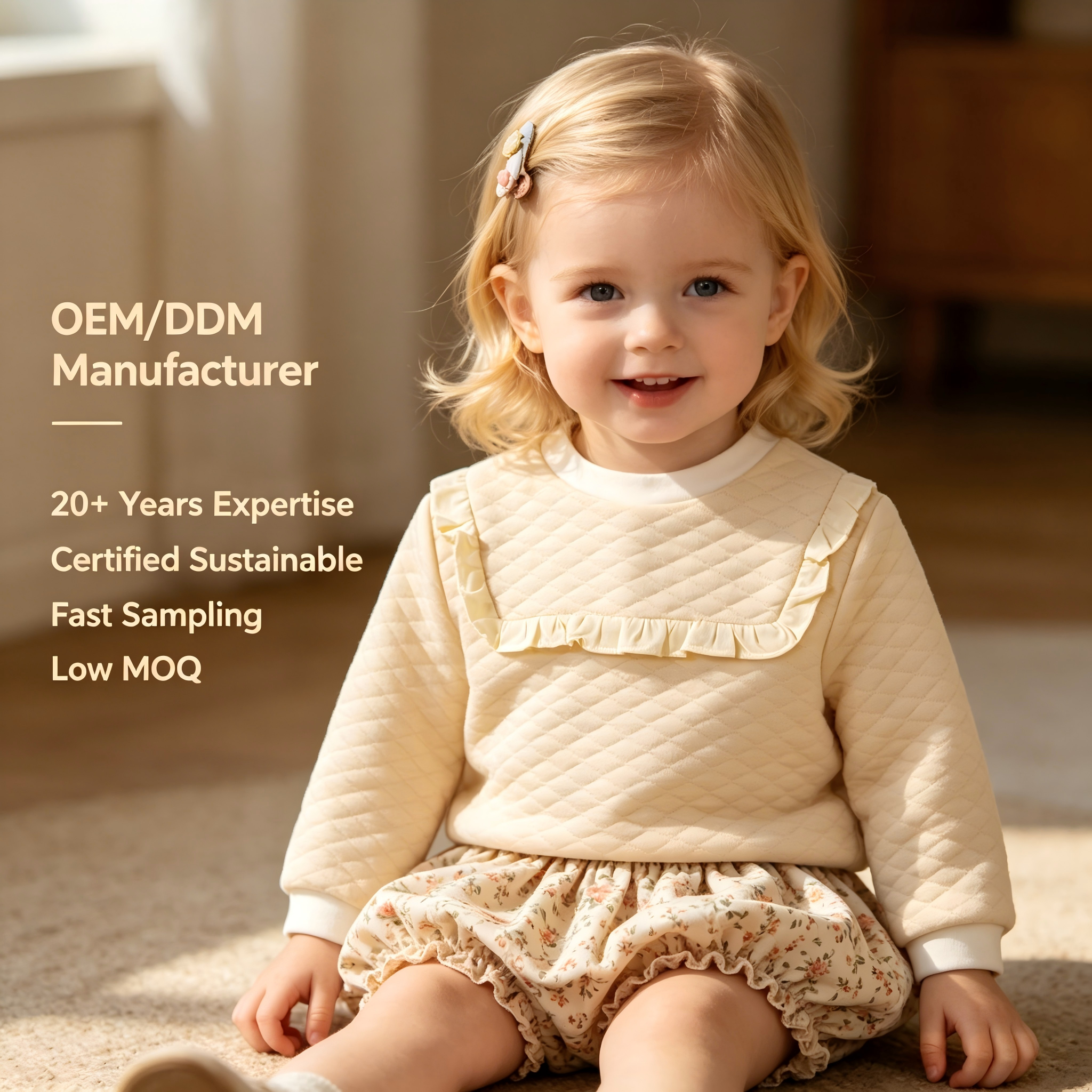 OEM/ODM Organic Cotton Baby Girl Quilted Sweatshirt Long Sleeve Ruffle Trim Pullover | Cream Diamond Quilt Infant Sweater Winter Top | Custom Private Label Children Apparel Manufacturer