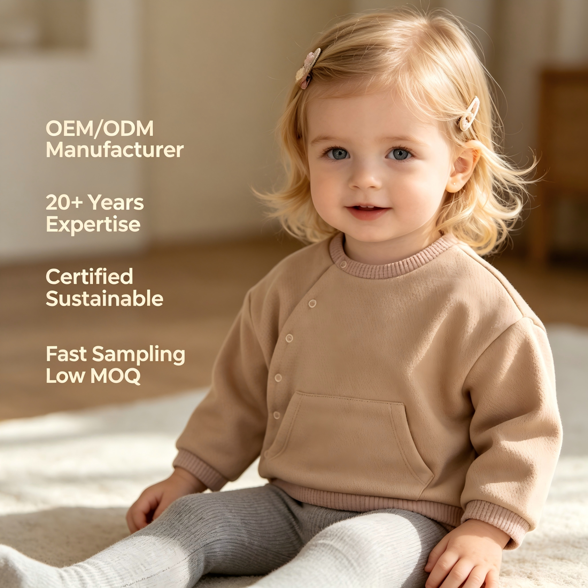 OEM/ODM Organic Cotton Waffle Knit Baby Top Long Sleeve Asymmetric Side Snap Infant Sweatshirt with Kangaroo Pocket | Custom Toddler Pullover Private Label Factory
