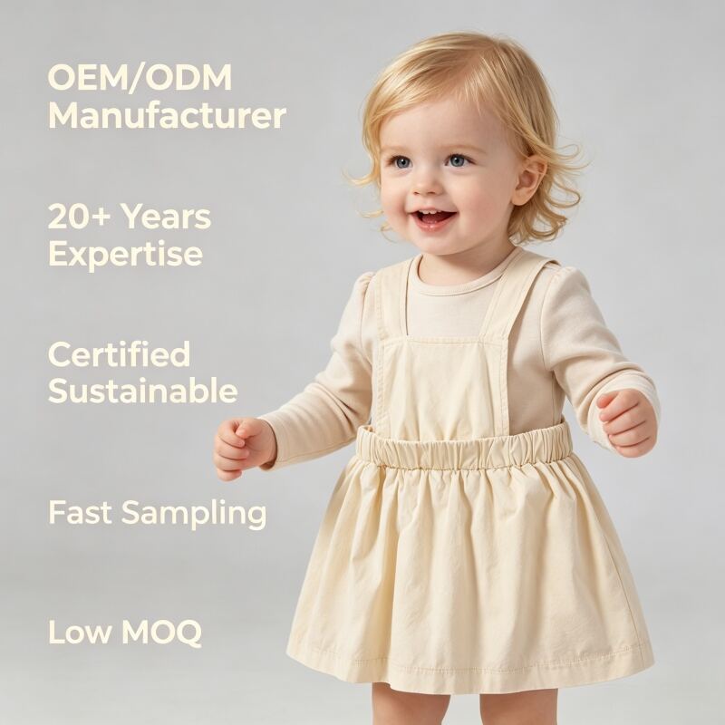 Op maat gemaakte, met plantenkleurstoffen gekleurde katoenen babyjurk met schouderbanden, zachte peuterjurk met pinafore-stijl, OEM/ODM, productie van kinderkleding voor exclusieve merken voor kinderkleding