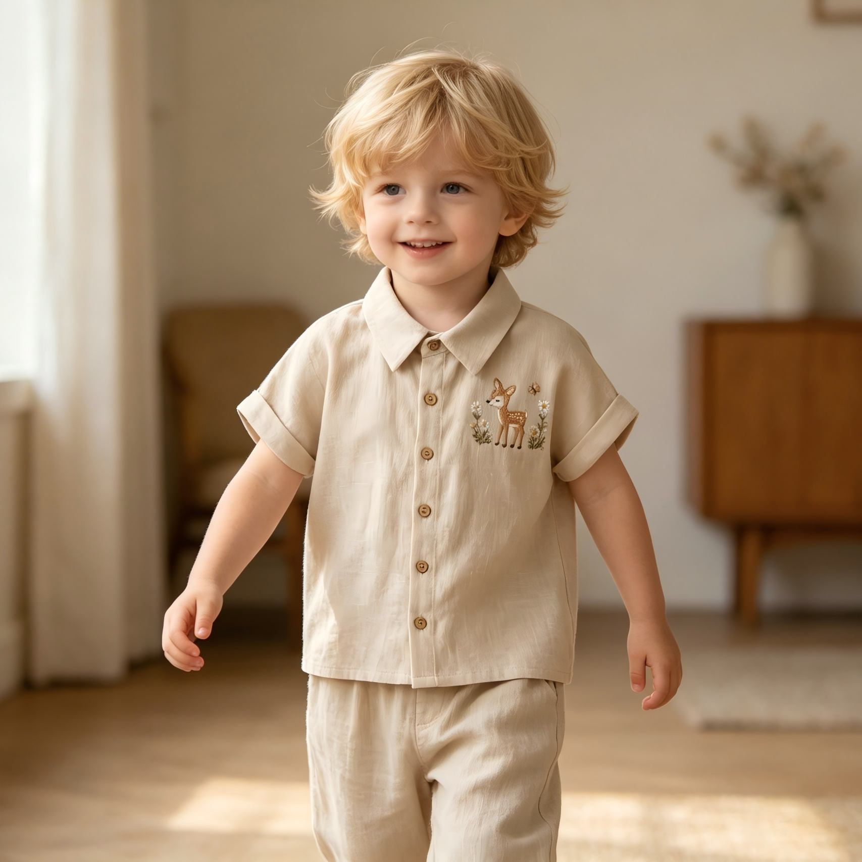 OEM ODM Kids Cotton Linen Embroidered Shirt Custom Deer Embroidery Children Short Sleeve Button-Up Shirt 55% Cotton 45% Linen Toddler Summer Shirt Private Label Kids Clothing Manufacturer