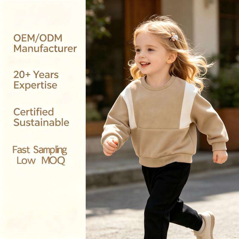 OEM/ODM Custom Color Block Baby Sweatshirt | Toddler Soft Cotton Fleece Pullover | Wholesale Breathable Infant Long Sleeve Top with Ribbed Cuffs | High-Quality Kids Casual Apparel Factory Supply Custom Logo & Labels