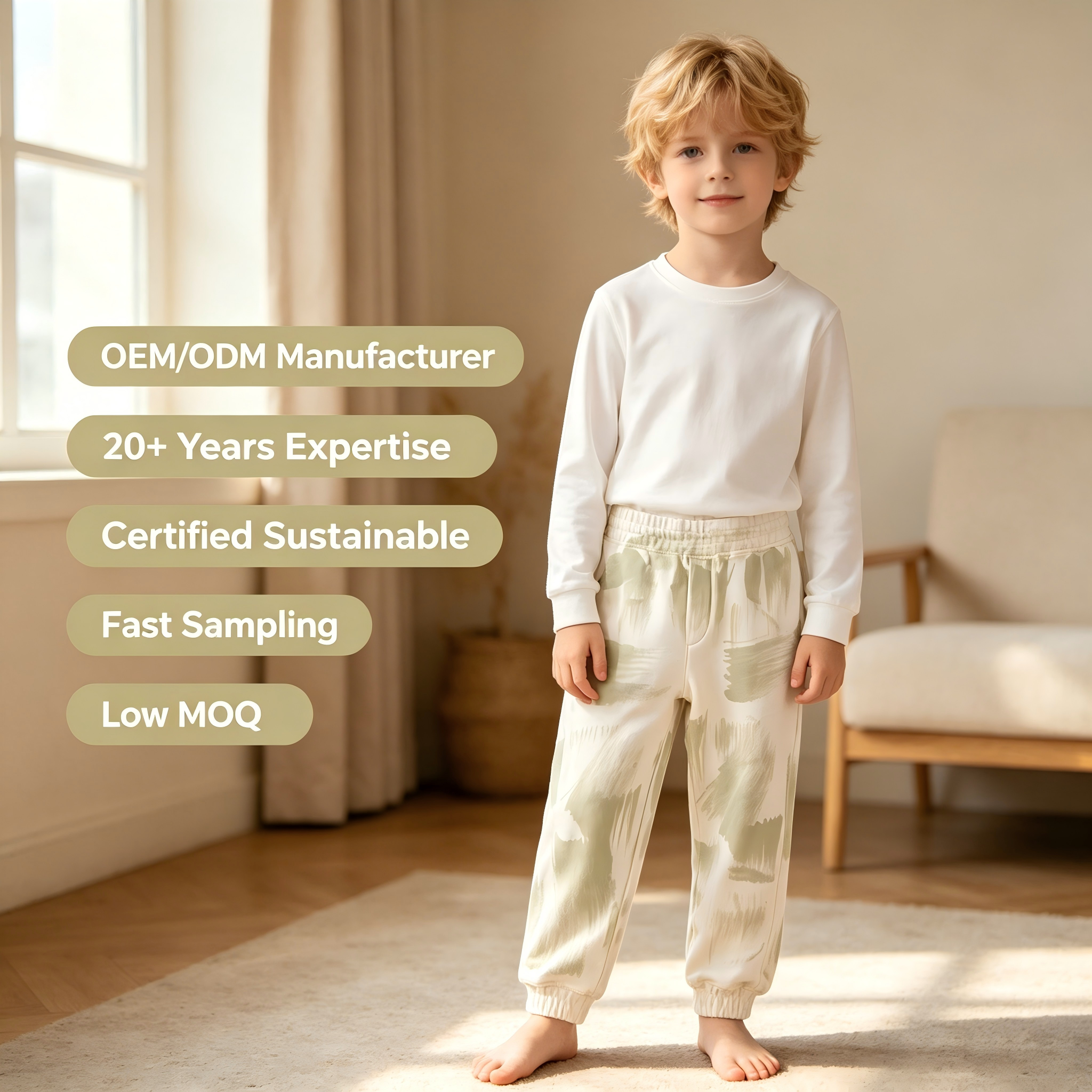 OEM/ODM Children's Brush Stroke Print Joggers | 100% Cotton Organic Plant-Dyed Kids Sweatpants | Eco-Friendly Non-Toxic Botanical Dye Pants for Private Label | Sustainable Breathable Toddler Bottoms | Wholesale Manufacturer