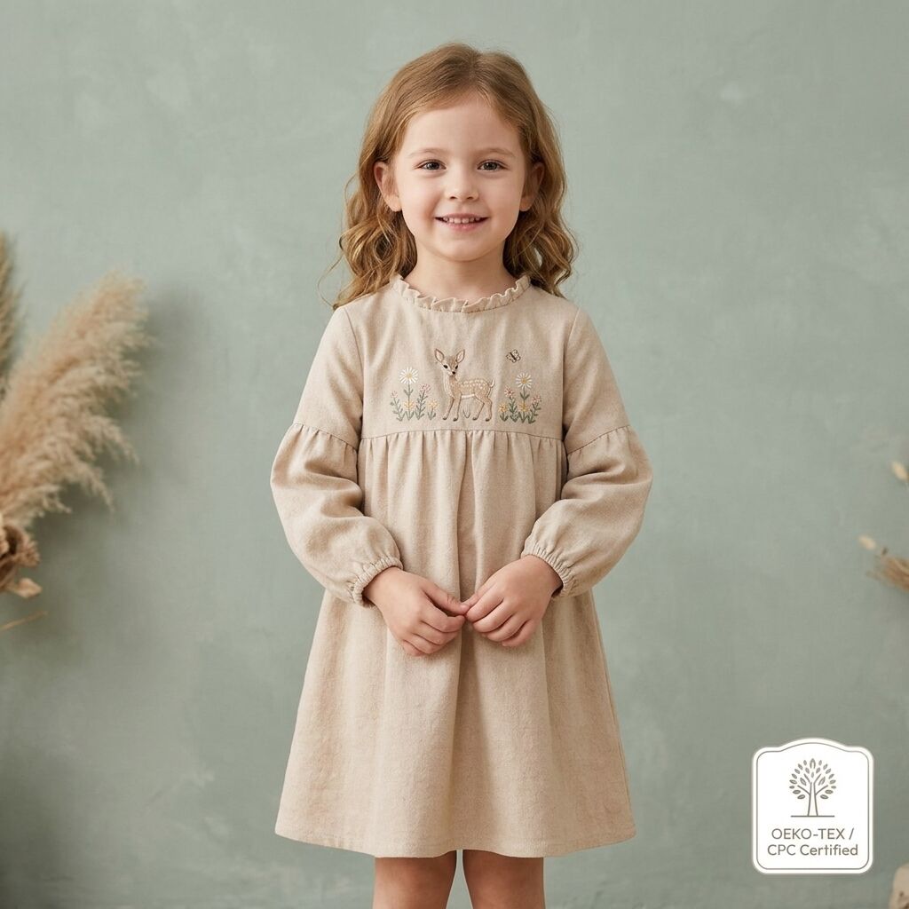 Custom Girls Cotton Linen Embroidered Deer Dress 55% Cotton 45% Linen Long Sleeve A-Line Kids Dress OEM ODM Children's Clothing Manufacturer Private Label Boutique Girlswear Supplier