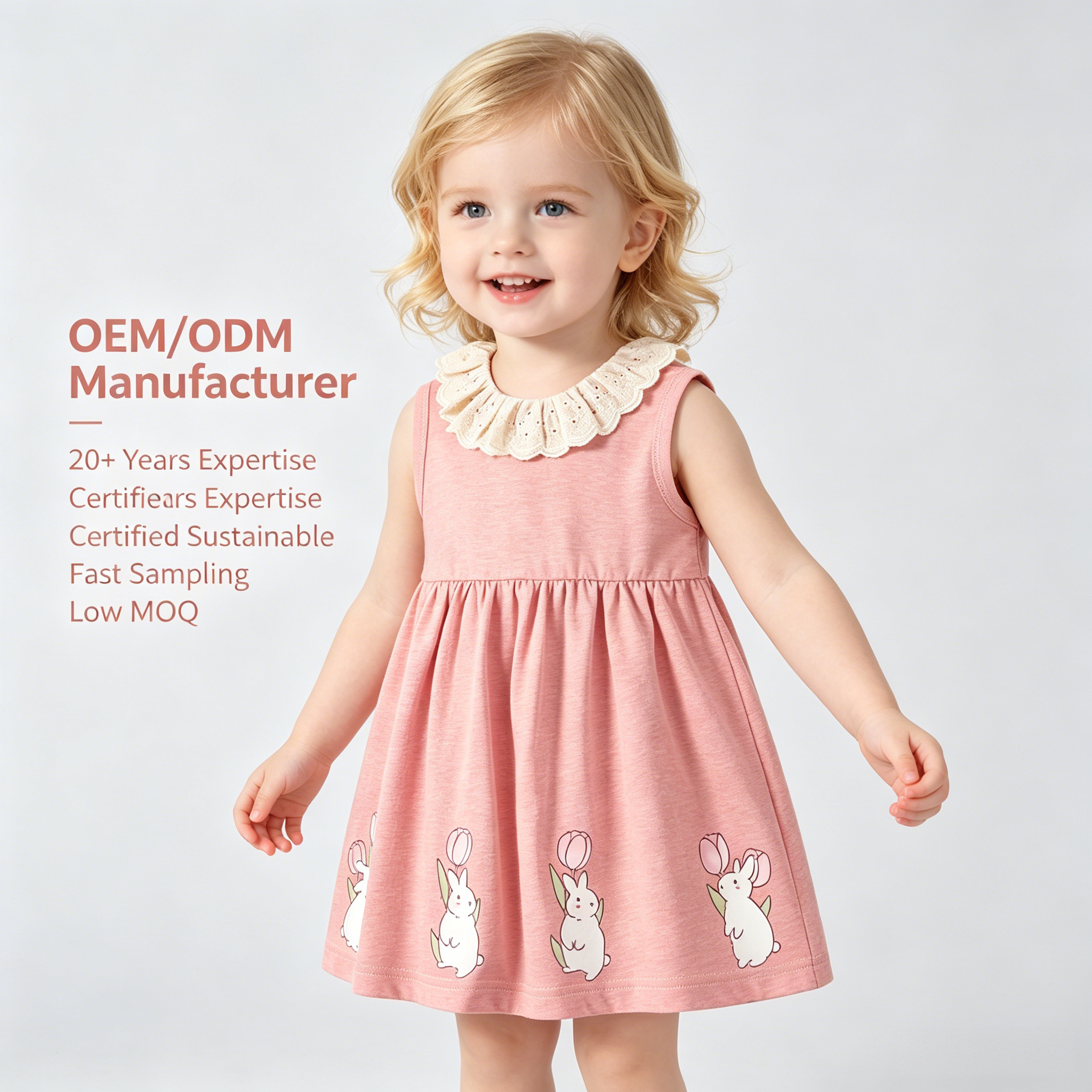 Vestido sem Mangas de Algodão para Bebê Menina com Gola de Renda e Babados | Fabricante de Vestidos para Bebês Tingidos com Plantas, OEM e ODM