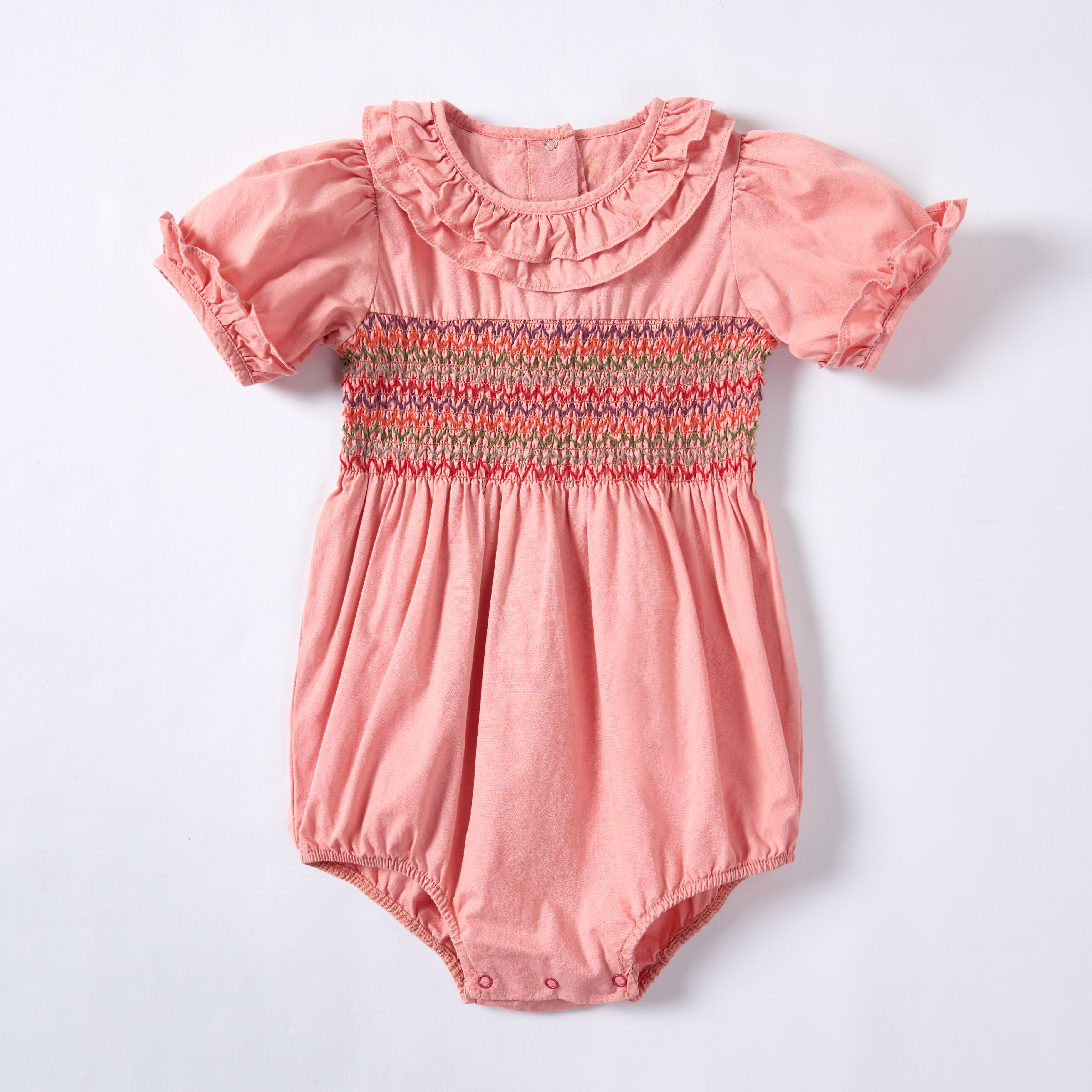 Pink Sappanwood and Madder Dyed Short-Sleeved Embroidered Baby Rompers