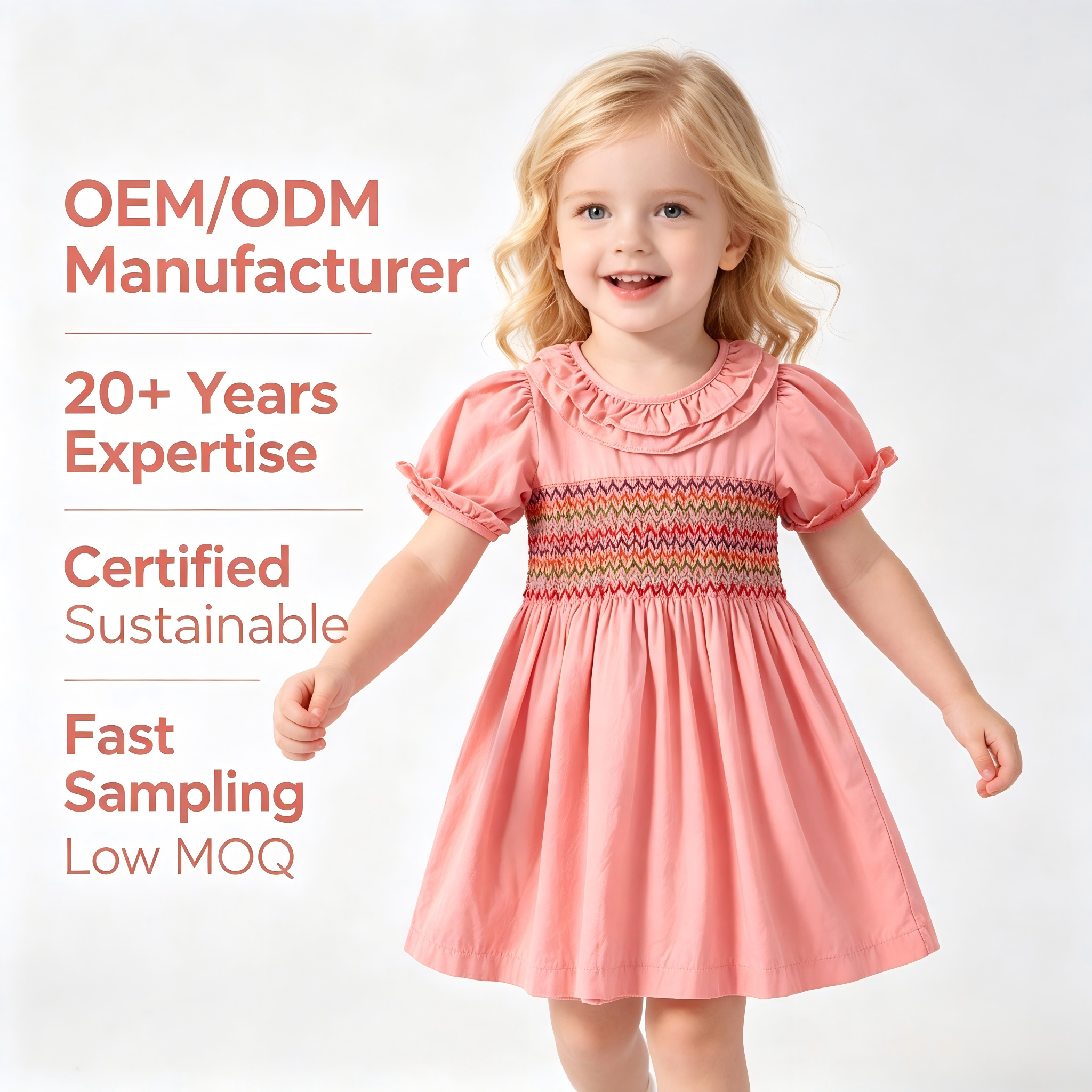 Robe vintage pour bébé fille en coton 100 %, smockée OEM/ODM | Robe éco-responsable teinte aux plantes pour tout-petits | Robe A-line personnalisée durable avec col botanique et volants pour enfants | Vêtements pour enfants de boutique, smockés à la main, vente en gros