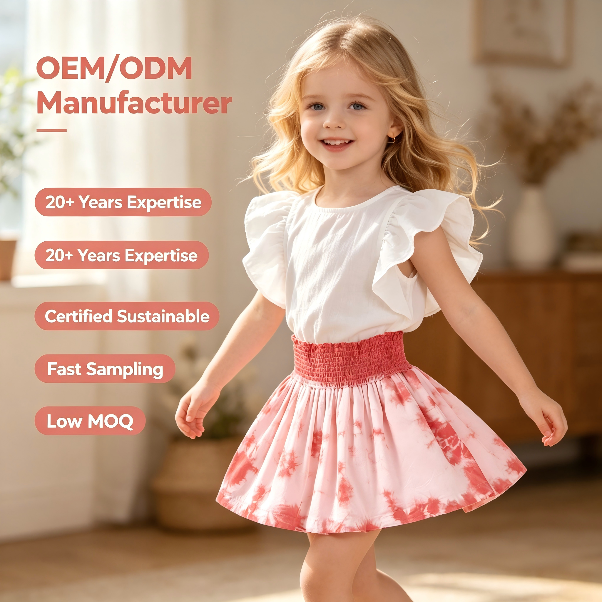 OEM/ODM 100% Cotton Toddler Girls Smocked Waist Skirt Natural Plant Botanical Dyed Tie Dye Kids Summer Short Skirts Custom Wholesale Private Label