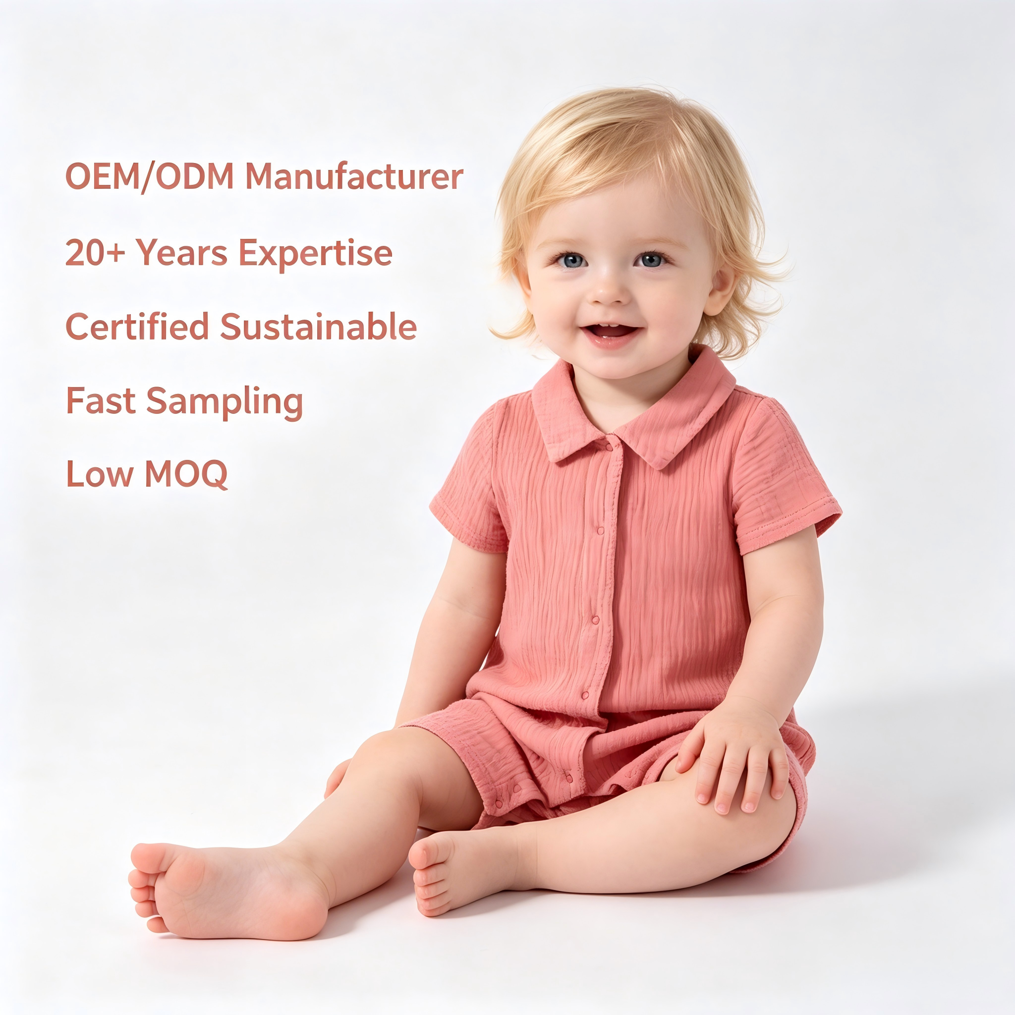OEM/ODM Custom 100% Cotton Double-Layer Wrinkled Gauze Baby Romper | Sustainable Plant-Dyed 135gsm Infant Jumpsuit | Eco-Friendly Short Sleeve Button-Up Newborn Crepe Bodysuit for Boutique Brands
