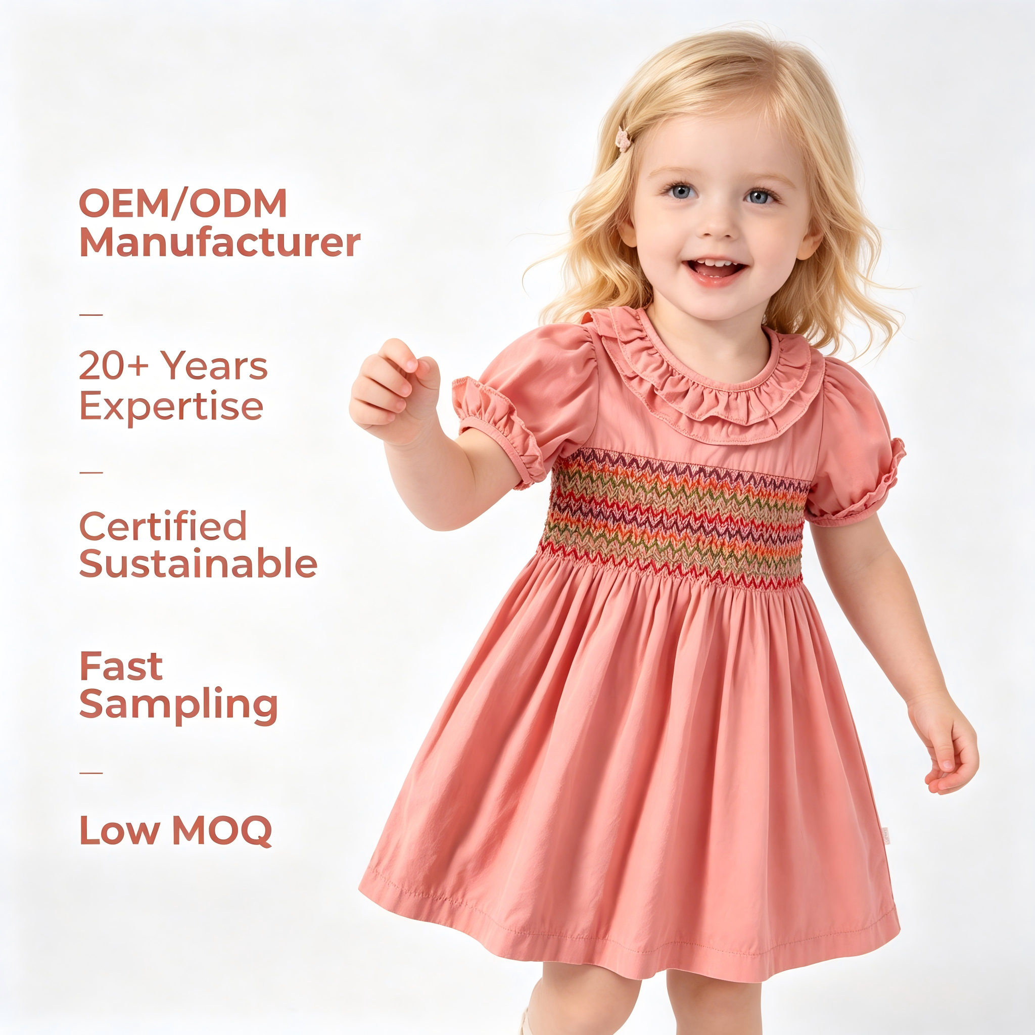 Robe vintage pour bébé fille en coton 100 %, smockée OEM/ODM | Robe éco-responsable teinte aux plantes pour tout-petits | Robe A-line personnalisée durable avec col botanique et volants pour enfants | Vêtements pour enfants de boutique, smockés à la main, vente en gros