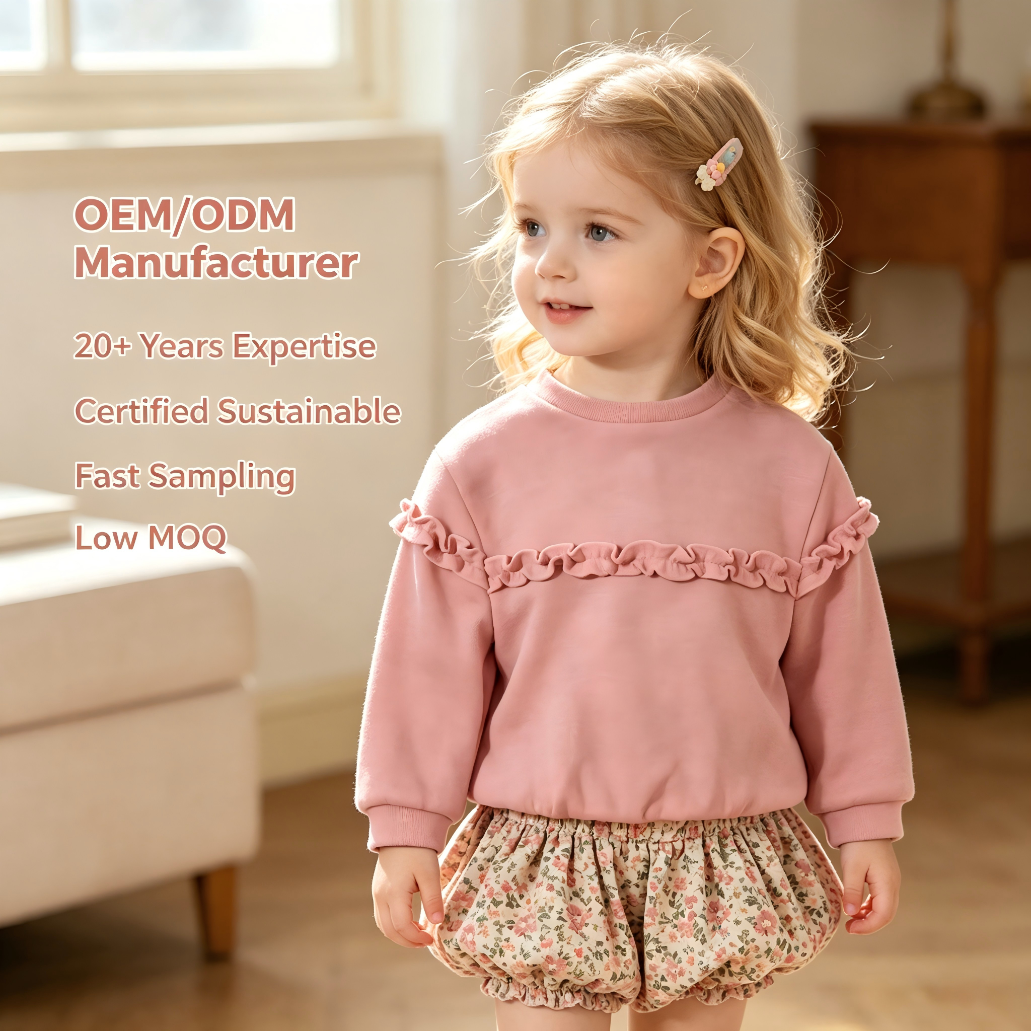 Wholesale Premium Organic Cotton Baby Girl Sweatshirt, Pink Long Sleeve Pullover with Ruffle Details, Soft Sustainable Toddler Autumn Winter Sweater, Custom Eco-Friendly Infant Boutique Apparel for Private Label OEM ODM