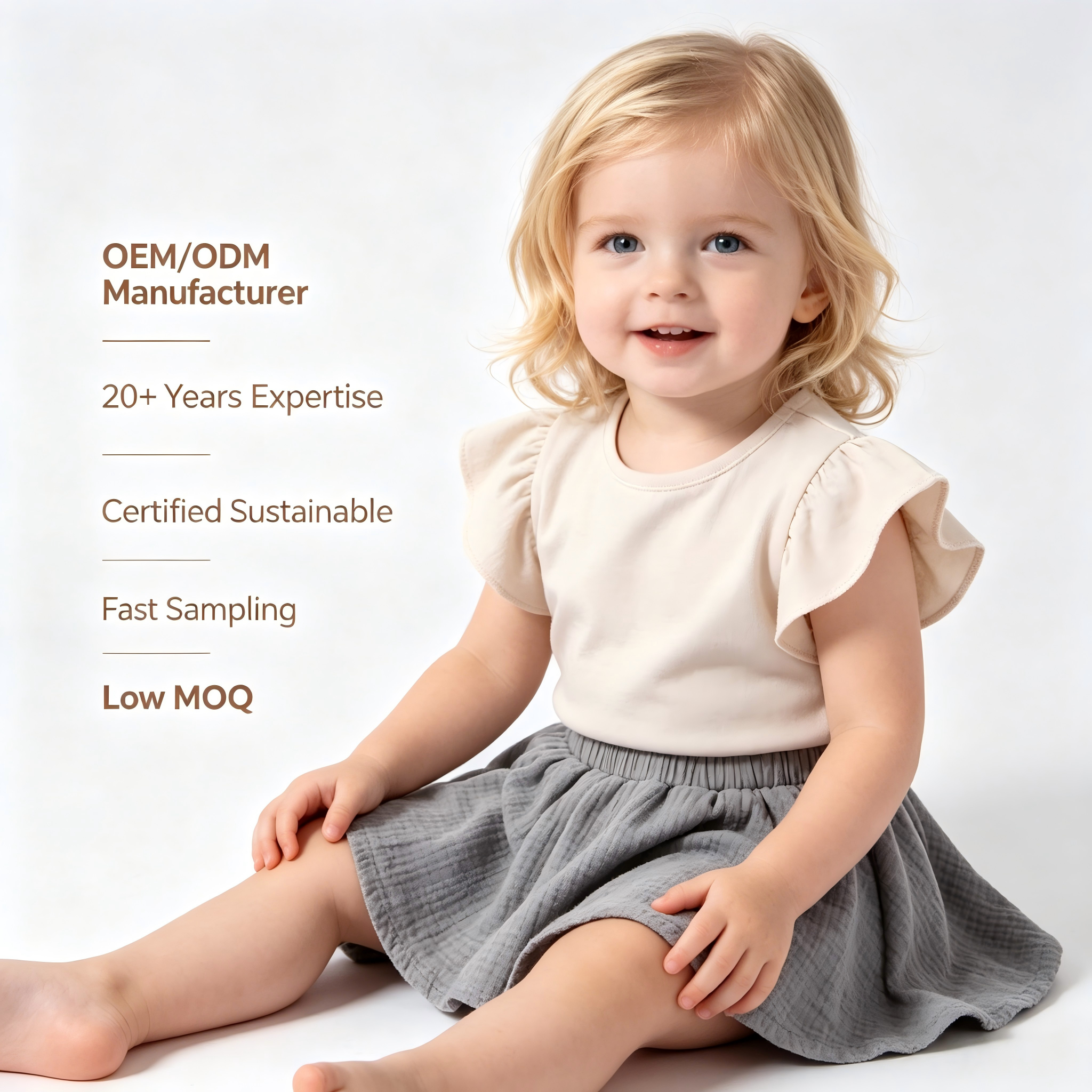 OEM/ODM 100% Cotton Double-Layer Wrinkled Gauze Baby Girl Skirt | Eco-Friendly Plant-Dyed 135gsm Toddler A-Line Mini Skirt | Sustainable Custom Organic-Feel Kids Boutique Summer Apparel Wholesale