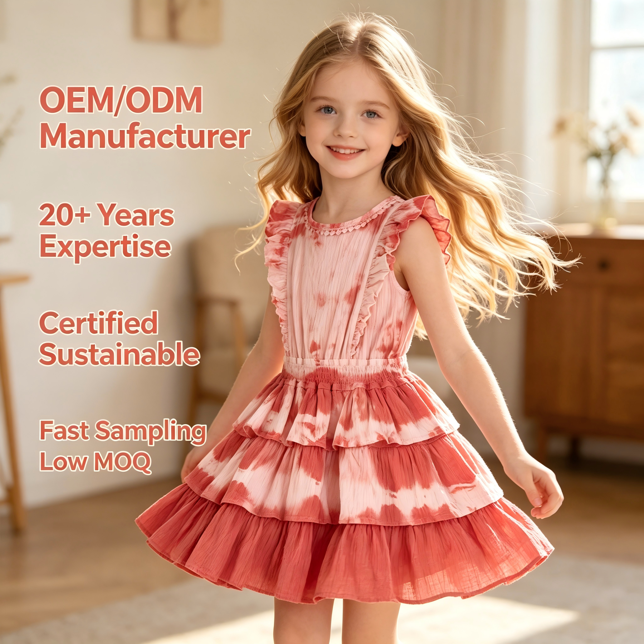 Custom Girls Tiered Tie Dye Dress Organic Cotton Plant Dyed Ruffle Sleeve Kids Summer Dress OEM ODM Manufacturer