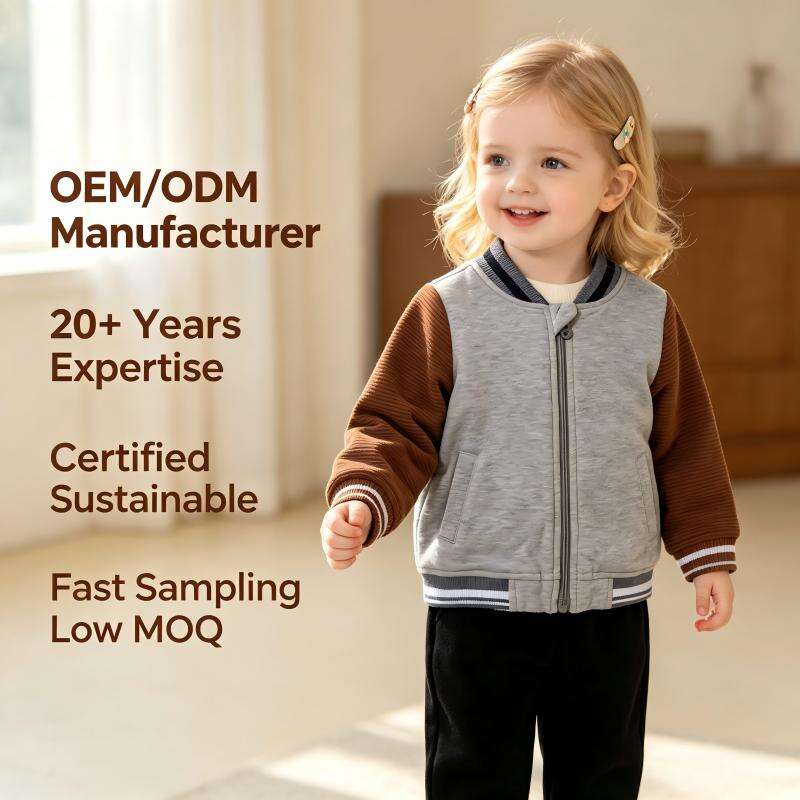 Custom Baby Varsity Jacket Manufacturer OEM ODM | Zip-Up Infant Bomber Sweatshirt with Contrast Sleeves | Boutique Babywear Supplier for Private Label Brands