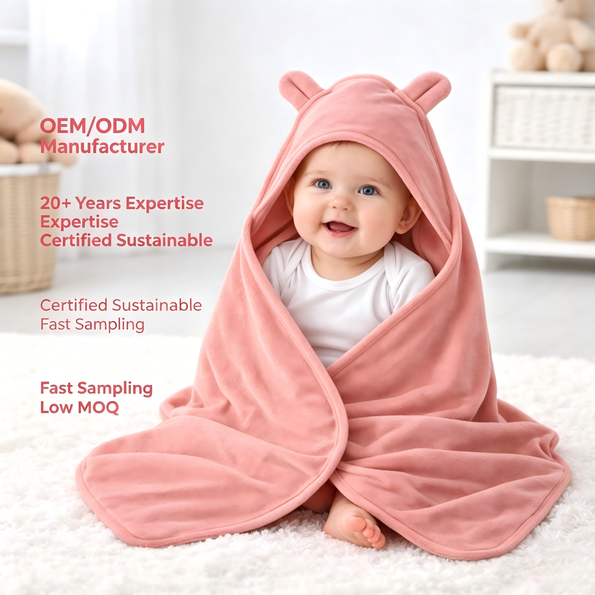 Fabricant de textiles bébé écologiques proposant des couvertures bébé à capuche en coton biologique personnalisées, teintes avec des plantes, langes pour nourrissons douces, couvertures d'accueil pour nouveau-nés avec capuche oreillée OEM/ODM
