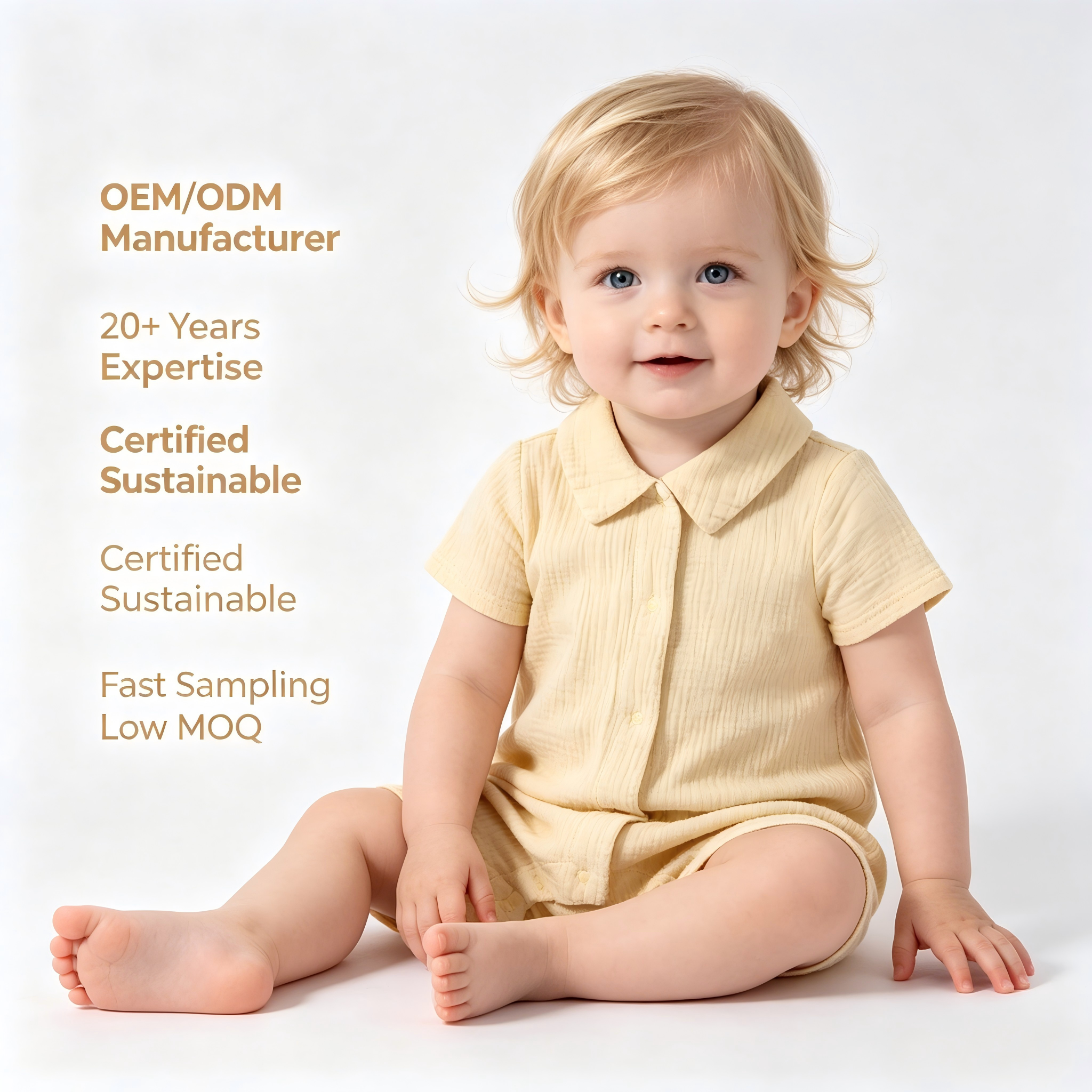 OEM/ODM 100% Cotton Double-Layer Crinkled Gauze Baby Romper | Eco-Friendly Plant-Dyed 135gsm Infant Jumpsuit | Custom Short Sleeve Button-Up Newborn Crepe Bodysuit Wholesale
