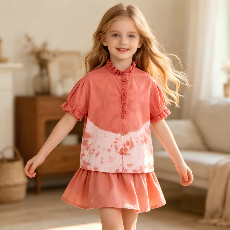 Custom Girls Cotton Tie Dye Blouse Plant Dyed Ruffle Neck Puff Sleeve Top OEM ODM Boutique Kids Clothing Manufacturer