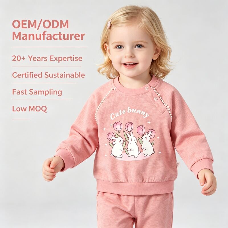 Conjunto Personalizado de Roupa de Algodão para Bebês Tingida com Plantas | Roupa para Crianças Pequenas com Estampa de Coelhinho, OEM e ODM