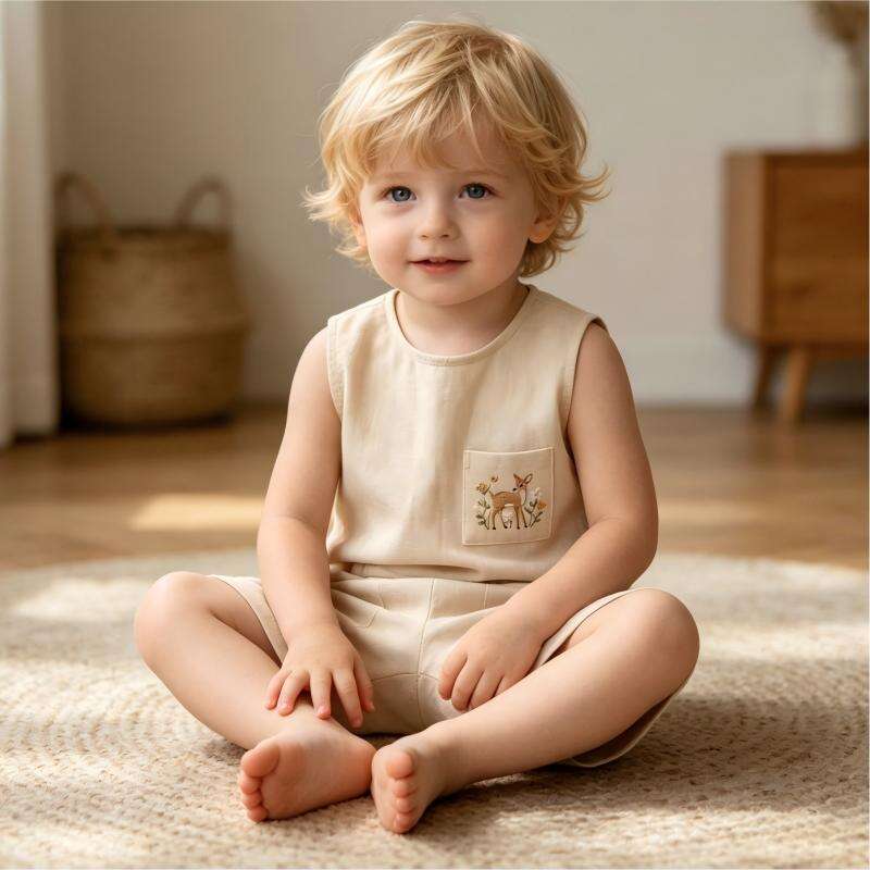 OEM ODM Custom Cotton Linen Toddler Clothing Set | Wholesale Sleeveless Deer Embroidered Baby Vest & Shorts Summer Set | 55% Cotton 45% Linen Breathable Sustainable Kids Wear Manufacturing Boutique Supplier