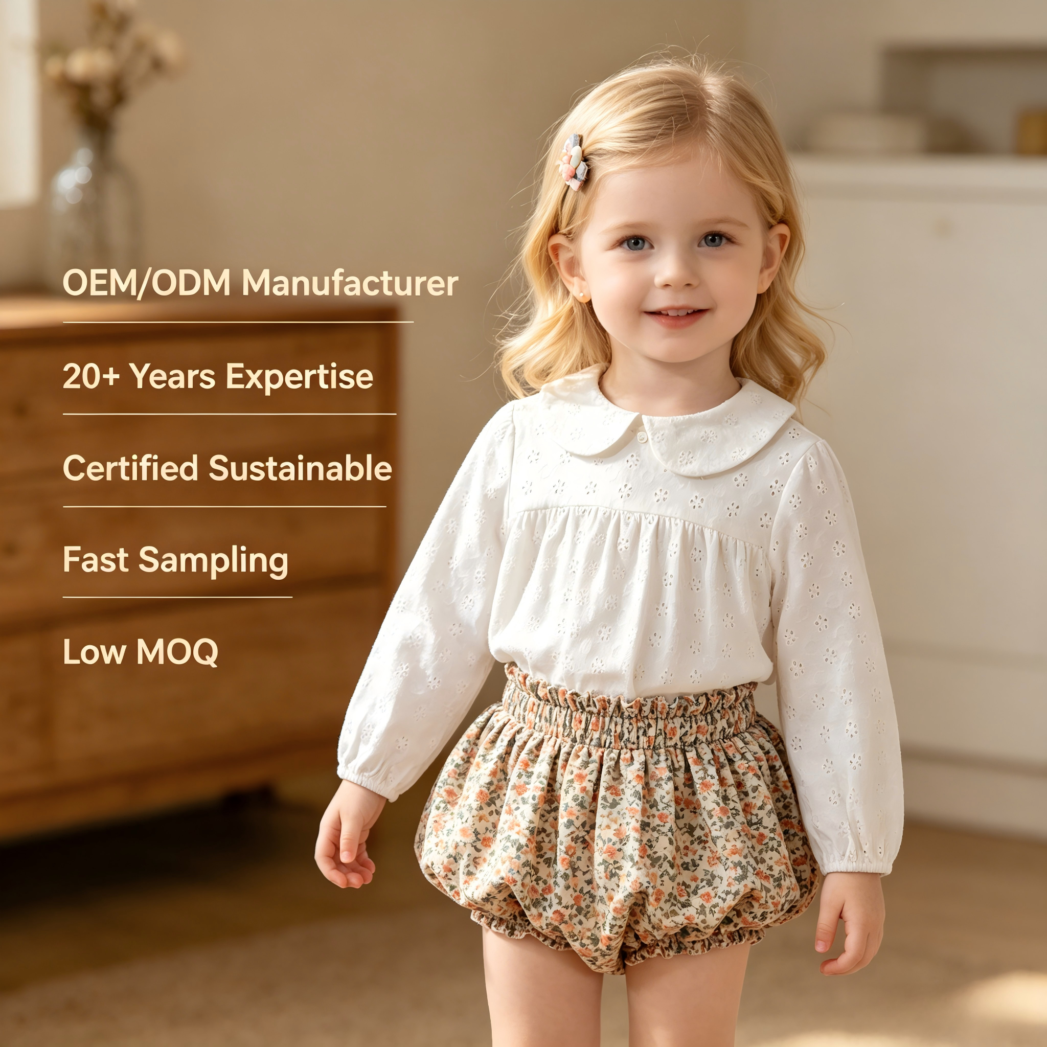 Wholesale Premium Baby Girl Eyelet Cotton Blouse, Long Sleeve White Peter Pan Collar Shirt, Toddler Kids Hollow Out Ruffle Smock Top, Custom Infant Spring Autumn Boutique Apparel Manufacturer OEM ODM Factory