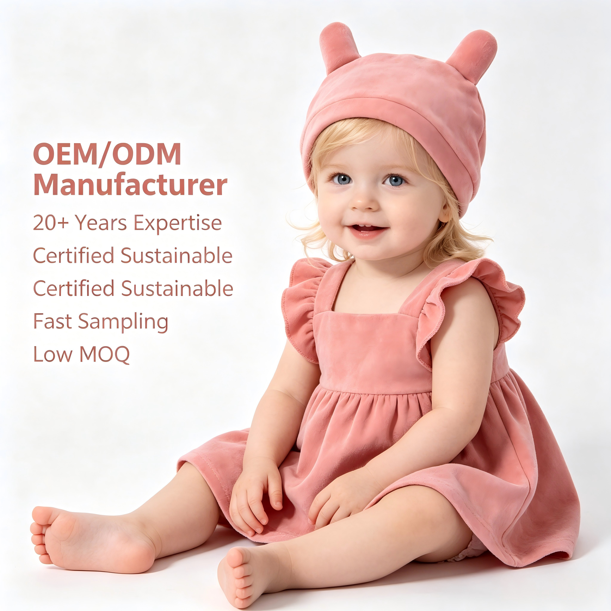 Organic Cotton Baby Beanie Hat OEM ODM | Plant Dyed Pink Infant Bear Ear Cap Manufacturer | Soft Newborn Baby Hat Supplier | Eco-Friendly Custom Baby Cap for Private Label Sustainable Babywear Brands