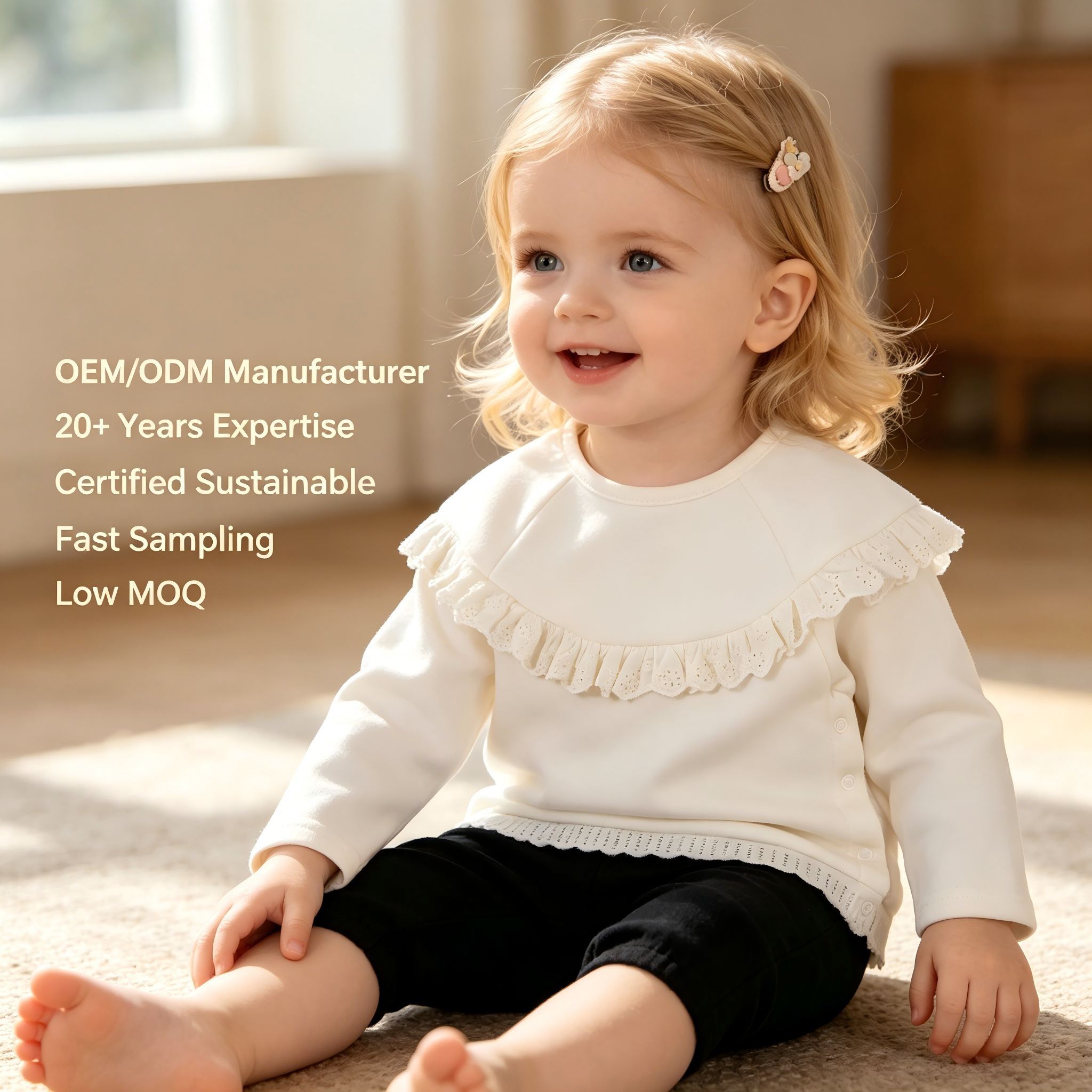 OEM/ODM Organic Cotton Baby Girl Sweatshirt Long Sleeve Eyelet Lace Ruffle Top | Side Snap Opening Infant Pullover Blouse Custom Private Label Manufacturer