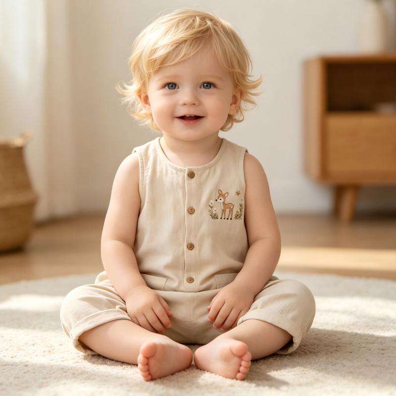 OEM ODM Custom Cotton Linen Baby Romper | Wholesale Sleeveless Deer Embroidered Toddler Jumpsuit | 55% Cotton 45% Linen Breathable Sustainable Infant Bodysuit Boutique Clothes Manufacturing Supplier