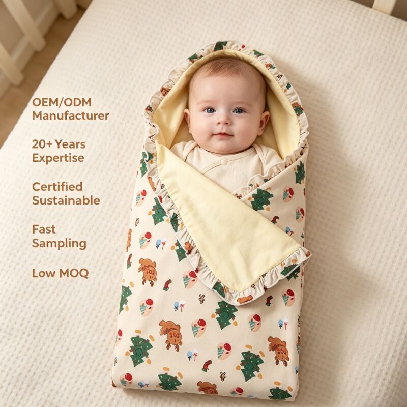 Custom Christmas Baby Swaddle Blanket | OEM ODM Infant Receiving Blanket with Ruffle Edge