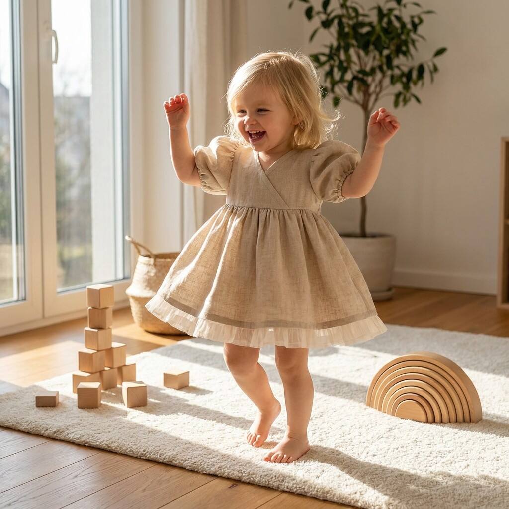 Custom Cotton Linen Baby Girl Dress | OEM ODM Infant Puff Sleeve Wrap Style Bodice Dress Manufacturer | Bulk Private Label Soft Breathable Newborn Toddler Ruffled Layered Hem Sunsuit Supplier