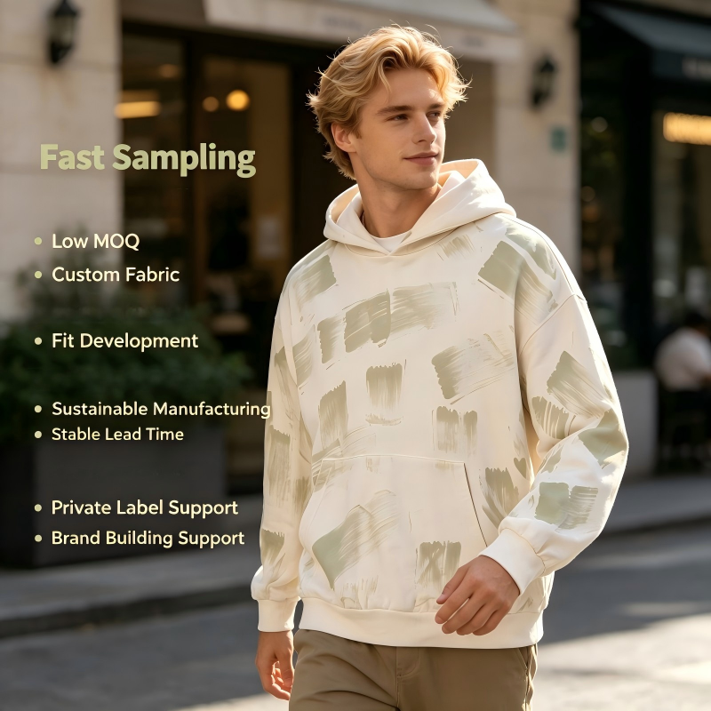 Custom Men’s Organic Cotton Hoodie OEM ODM | Plant-Dyed Brush Print Pullover Sweatshirt Manufacturer for Sustainable Streetwear Brands