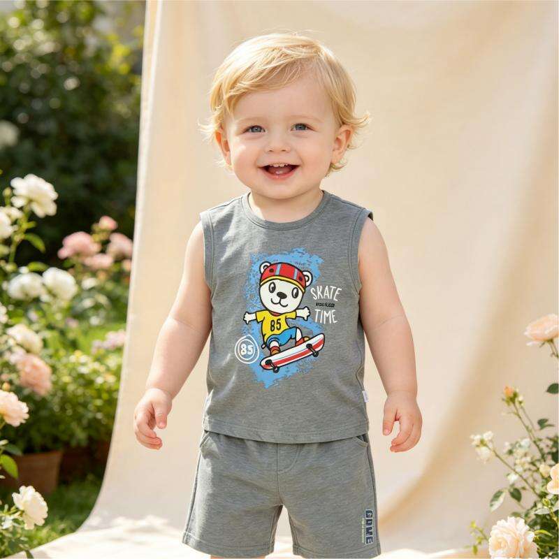 Conjunto Personalizado OEM/ODM para Crianças sem Mangas | Camiseta Tipo Tank Top e Shorts para Bebês e Crianças Pequenas em 100% Algodão Orgânico | Roupa de Verão Ecológica para Crianças Tingida com Plantas | Roupa Infantil Sustentável e Respirável com Marca Própria | Conjunto Esportivo Atóxico no Atacado