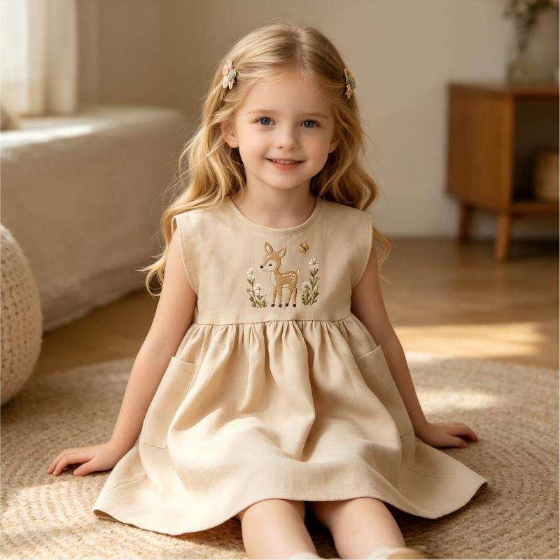 OEM Custom Cotton Linen Baby Dress | Embroidered Deer Floral Toddler Sundress with Pockets | Wholesale Breathable Sleeveless A-Line Infant Smock Dress Manufacturer