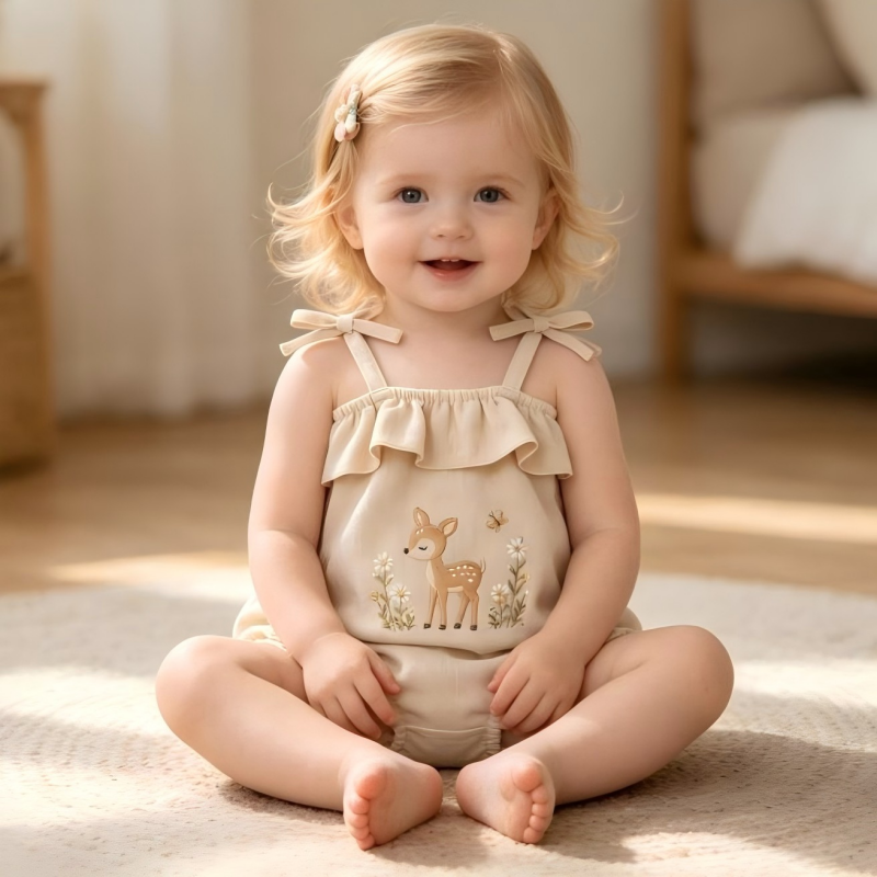 OEM Custom Cotton Linen Baby Romper | Embroidered Deer Floral Infanct Bodysuit | Wholesale Breathable Sleeveless Ruffle Summer Newborn Jumpsuit Manufacturer
