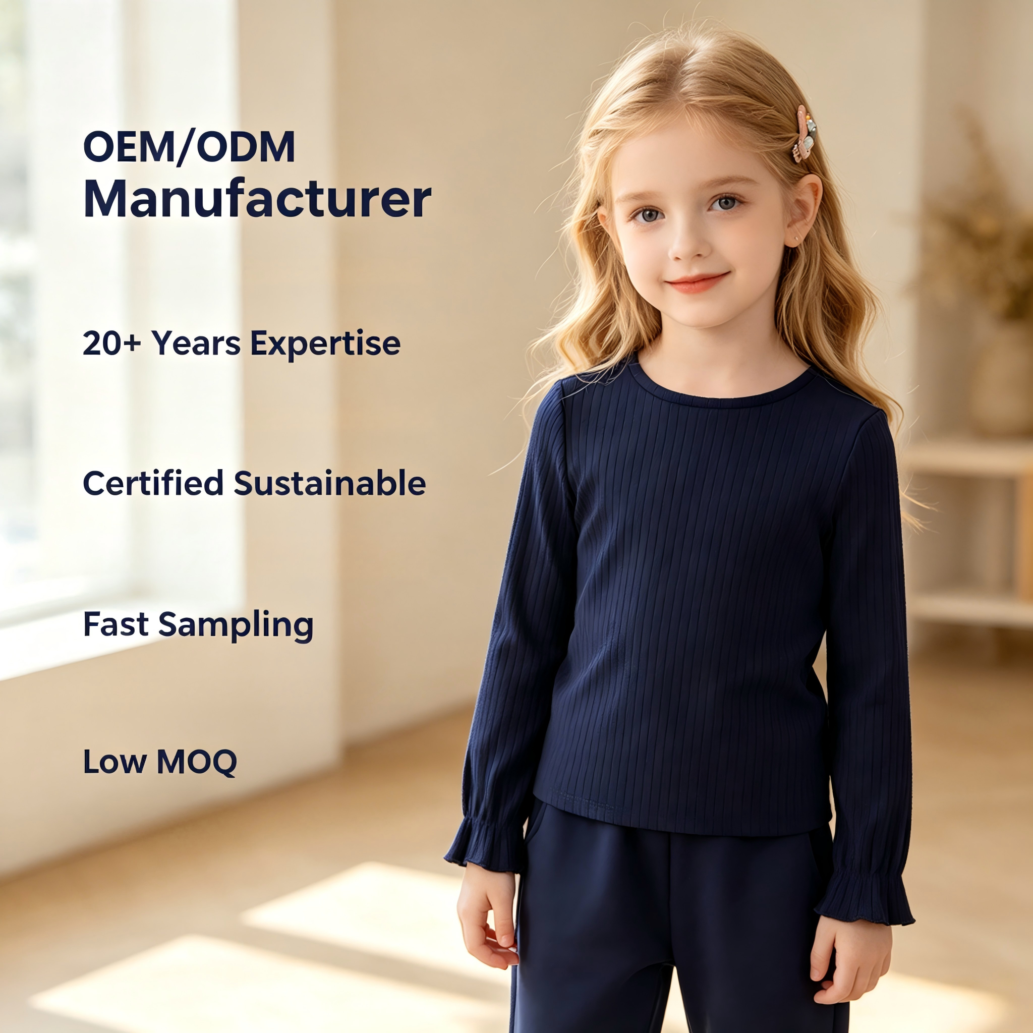 Premium Girls Ribbed Knit Long Sleeve Shirt, Toddler Kids Navy Blue Crewneck Tee with Ruffle Cuffs, Soft Breathable Cotton Autumn Winter Basic Pullover, Customizable Childrens Boutique Apparel for Wholesale OEM ODM