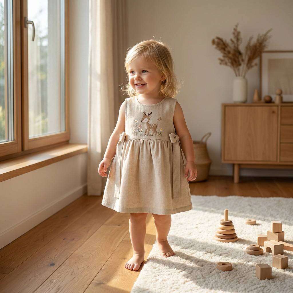 Custom Cotton Linen Baby Girl Dress with Deer Embroidery | OEM ODM Infant Embroidered Sleeveless Pinafore Dress Manufacturer | Bulk Private Label Soft Breathable Newborn Toddler Bow Side A-Line Dress Supplier