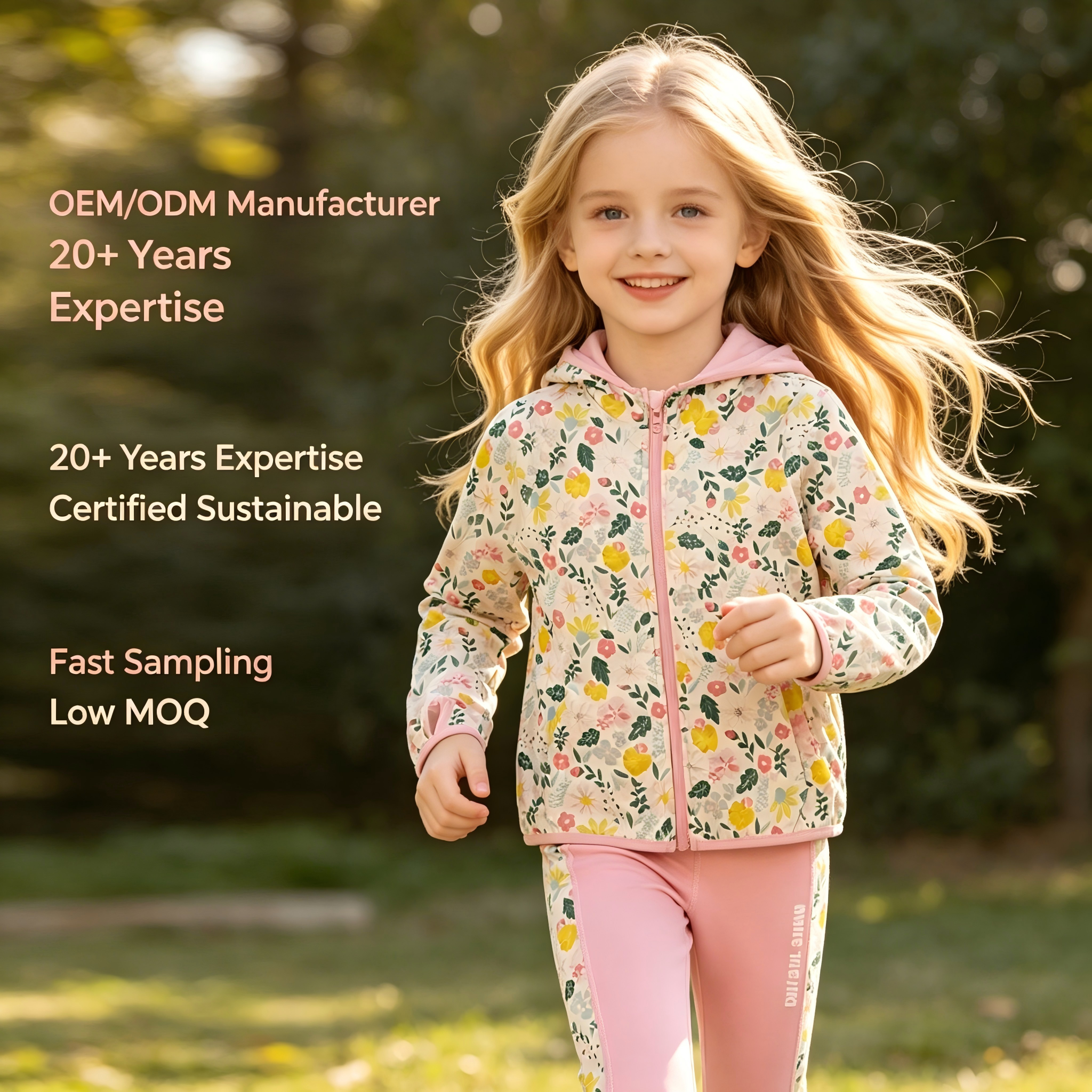 OEM/ODM Floral Kids Activewear Set | Custom 2-Piece Toddler Hooded Zip-Up Jacket & Leggings Outfit with Thumbholes | Sustainable Printed Children Sports Suit | Wholesale Private Label Premium Girls Boutique Tracksuit