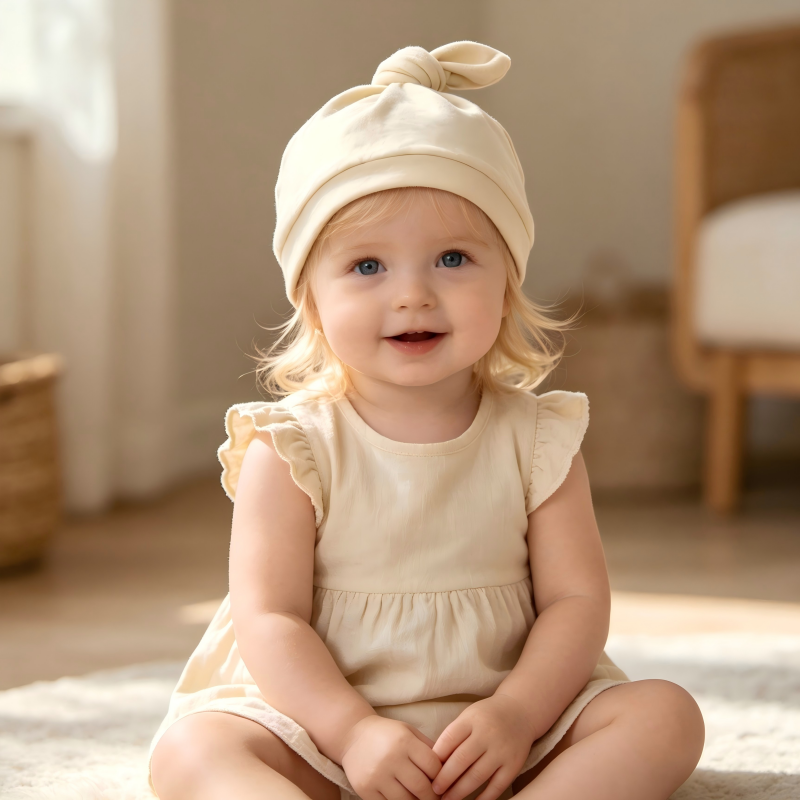 Bonnet pour bébé à nœud sur le dessus en coton biologique – Bonnet crème pour nourrissons teint à base de plantes, destiné aux marques éco-responsables – Fabricant de couvre-chefs pour nouveau-nés sous marque propre (OEM) ou conception sous marque propre (ODM) personnalisé – Vêtements pour tout-petits non toxiques, sans produits chimiques et respirants