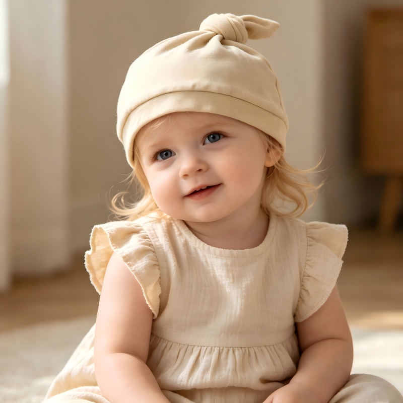 Bonnet bébé en coton biologique avec nœud sur le dessus – Chapeau neutre pour nourrisson teint à base de plantes durables, destiné aux marques éco-responsables – Fabricant spécialisé dans les couvre-chefs personnalisés pour nouveau-nés (OEM/ODM) – Vêtements respirants, non toxiques et sans produits chimiques pour tout-petits