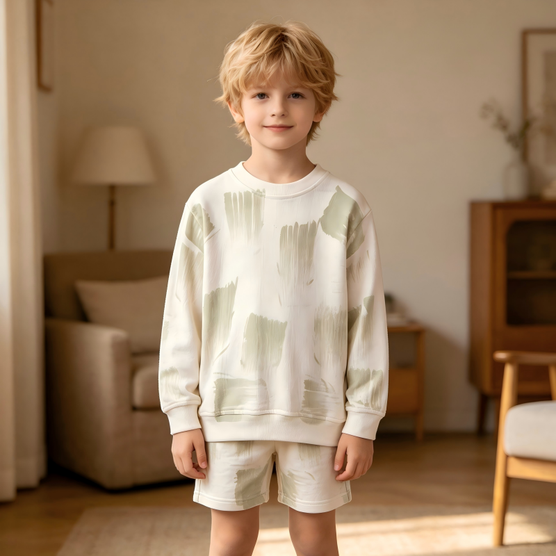 OEM/ODM kinder-sweatshirt met penseelstrekenprint | 100% biologisch katoen, met planten gekleurd kinder-pullover | milieuvriendelijk, niet-toxisch, botanisch gekleurd crewneck-shirt voor eigen merk | duurzame, ademende kleding voor peuter | groothandelsfabrikant