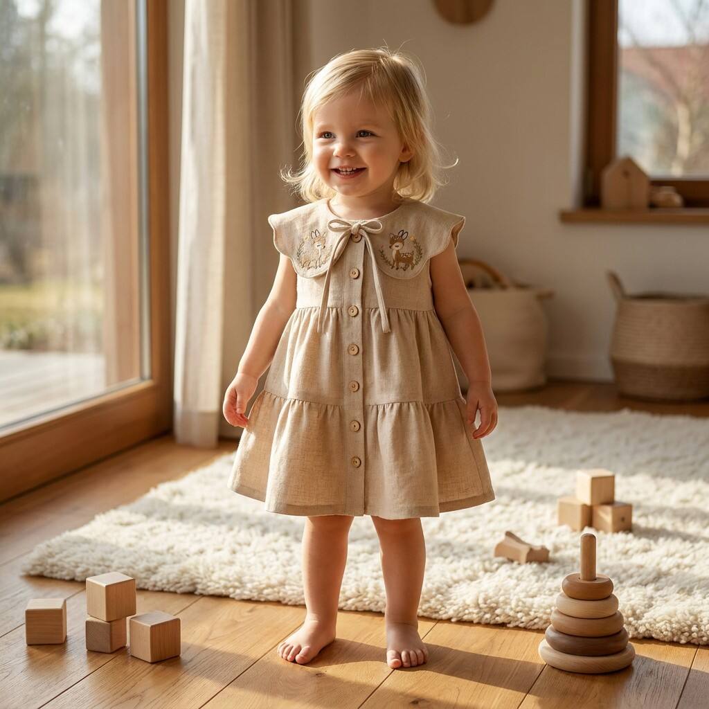 Custom Cotton Linen Baby Girl Dress with Deer Embroidery | OEM ODM Infant Peter Pan Collar Tiered Dress Manufacturer | Bulk Private Label Soft Breathable Newborn Toddler Front Button Ruffled Sunsuit Supplier