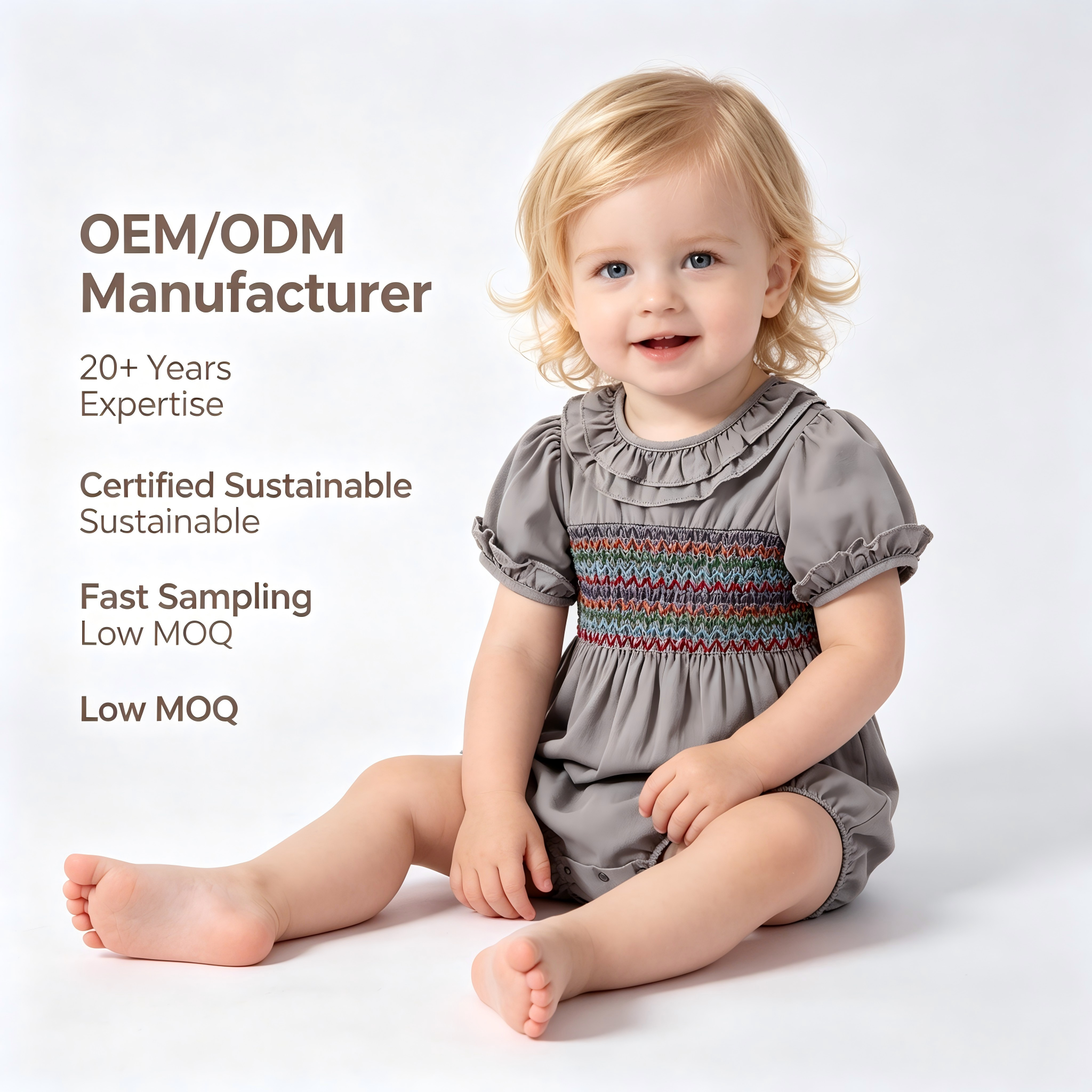 OEM/ODM Vintage 100% Cotton Smocked Baby Romper | Eco-Friendly Plant-Dyed Infant Jumpsuit | Custom Sustainable Ruffle Collar Newborn Bubble Bodysuit | Hand-Smocked Boutique Toddler Apparel Wholesale