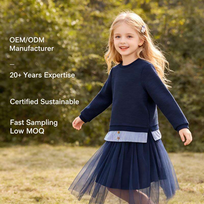 OEM ODM Kids Ribbed Sweatshirt with Layered Hem Custom Children’s Pullover Long Sleeve Cotton Blend Toddler Casual Top Manufacturer