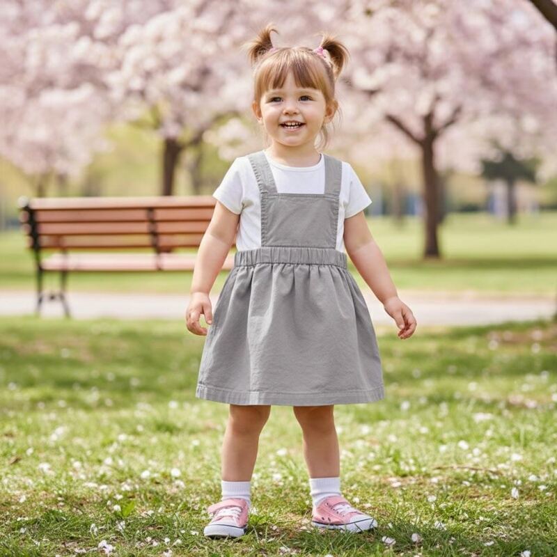Op maat gemaakte biologisch katoenen babyjurk met schouderbanden, gekleurd met plantenkleurstoffen, peuterjurk met pinafore-stijl, OEM/ODM, productie van kinderkleding voor exclusieve merken voor babykleding