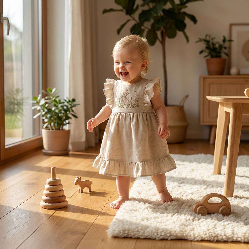 OEM ODM Baby Girl Cotton Linen Embroidered Dress Custom Deer Embroidery Infant Dress 55% Cotton 45% Linen Ruffle Sleeve Toddler Dress Boutique Babywear Private Label Manufacturer