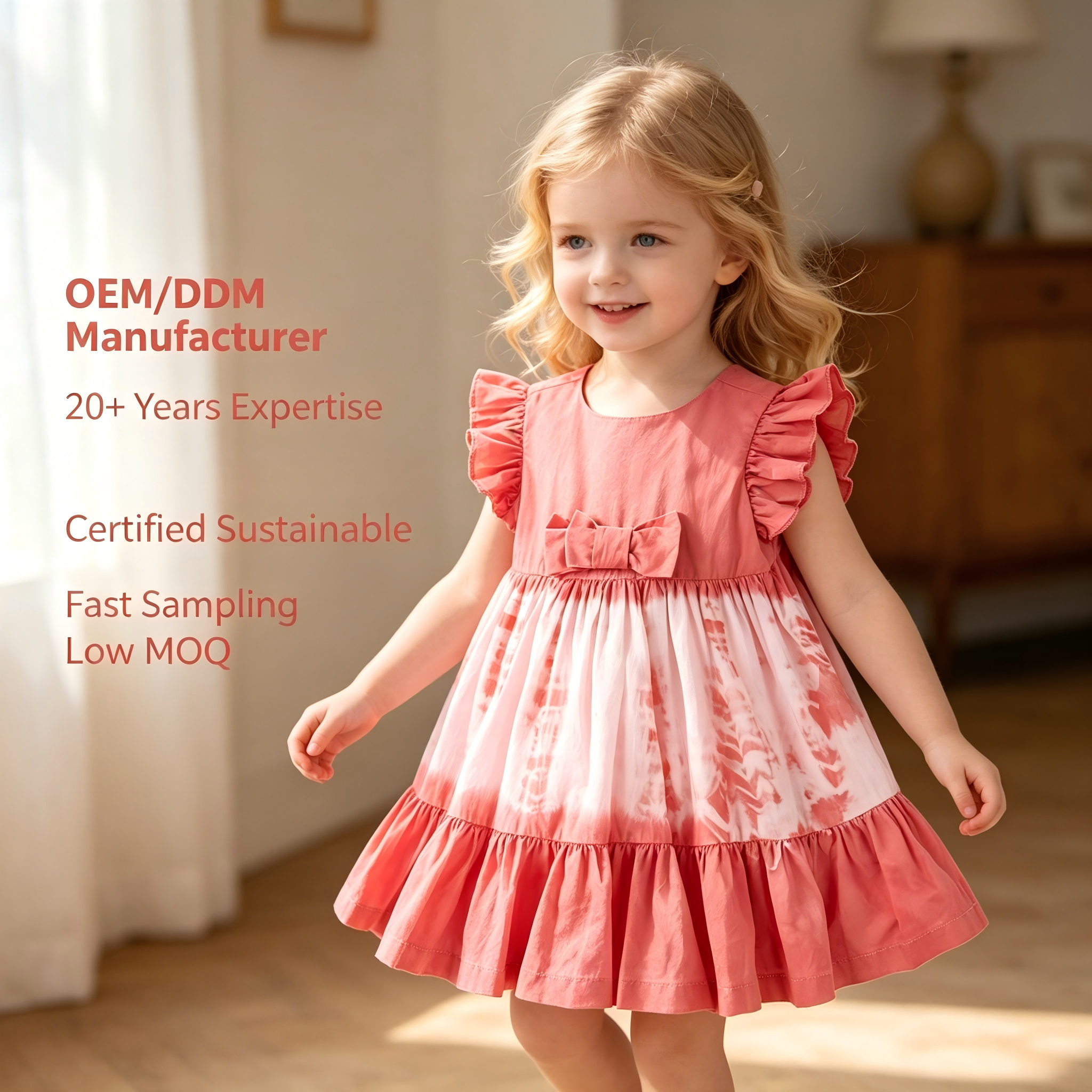 OEM/ODM 100% Cotton Baby Girls Dress Natural Plant Botanical Dyed Tie Dye Infant Toddler Flutter Sleeve Ruffle Princess Dresses with Bow Custom Wholesale Private Label