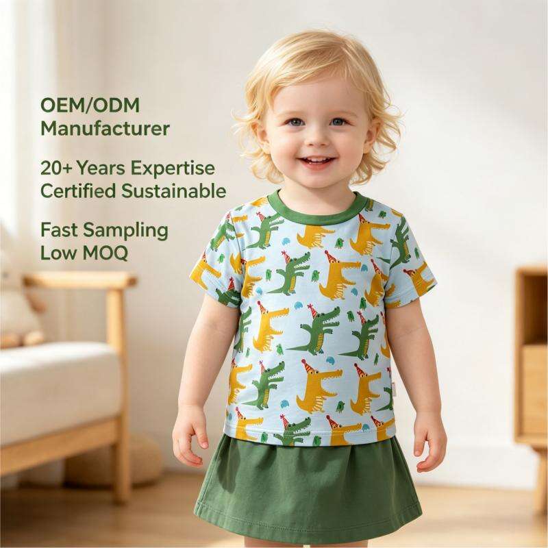 OEM/ODM All-Over Crocodile Kids T-Shirt | Eco-Friendly 220gsm Bamboo Soft Toddler Short Sleeve Tee | Custom Sustainable Breathable Crewneck Children Summer Top | Wholesale Premium Private Label Boutique Apparel