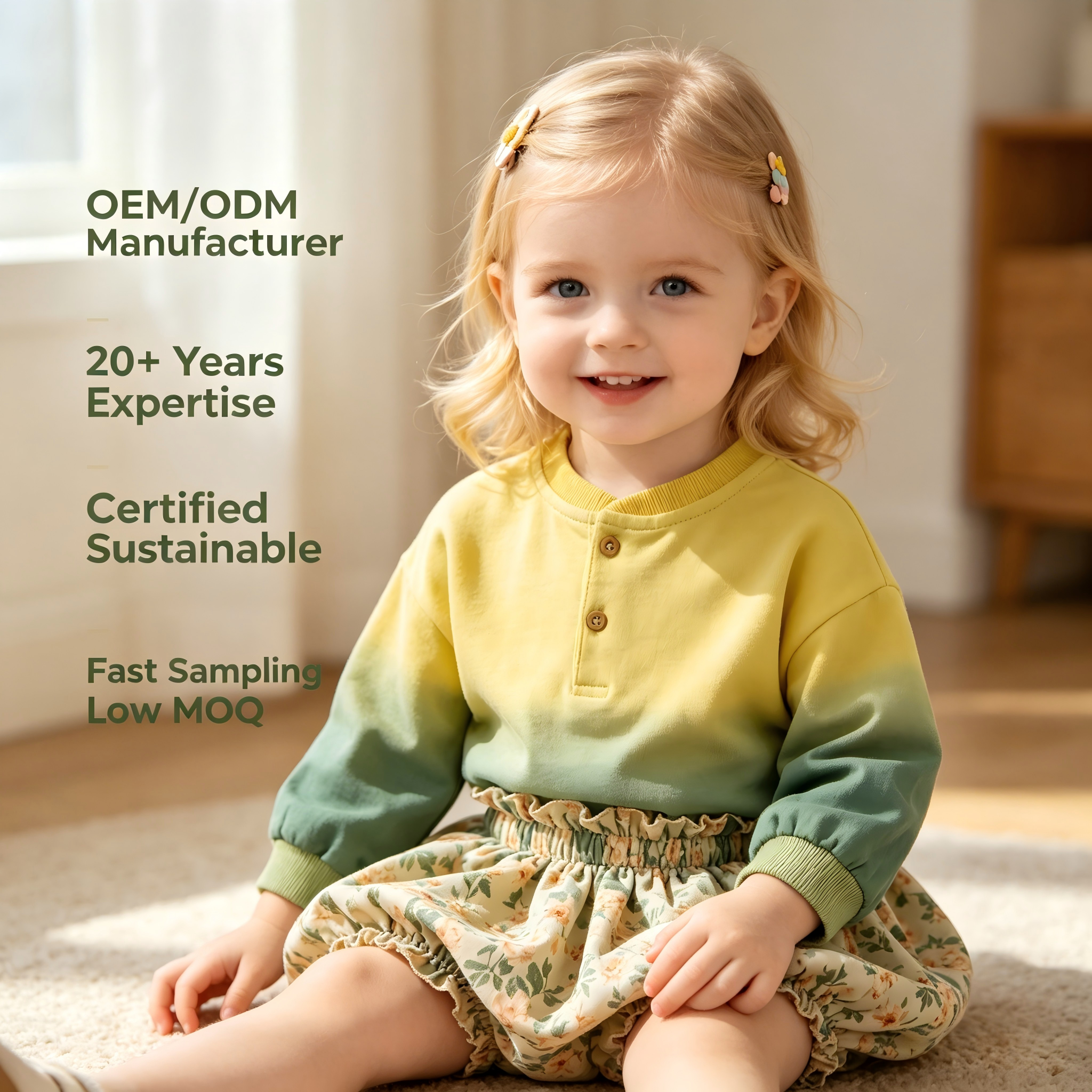 Premium Baby Ombre Henley Sweatshirt, Long Sleeve Gradient Yellow to Green Cotton Pullover, Soft Breathable Toddler Spring Outfit, Customizable Infant Boutique Apparel for Wholesale OEM ODM