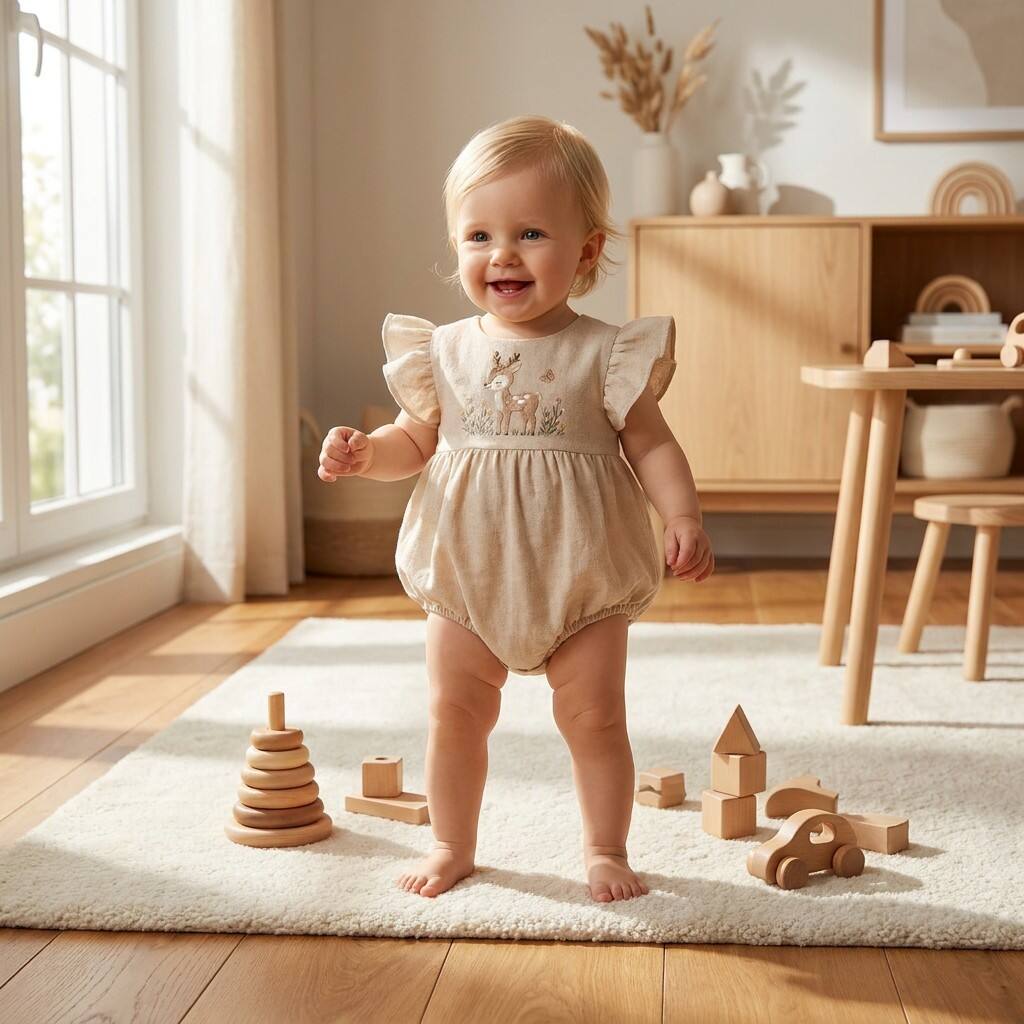 Custom Cotton Linen Baby Girl Romper with Deer Embroidery | OEM ODM Infant Ruffled Bubble Sunsuit Manufacturer | Bulk Private Label Soft Breathable Newborn Toddler Ruffle Sleeve Bodysuit Diaper Snap Closure Supplier